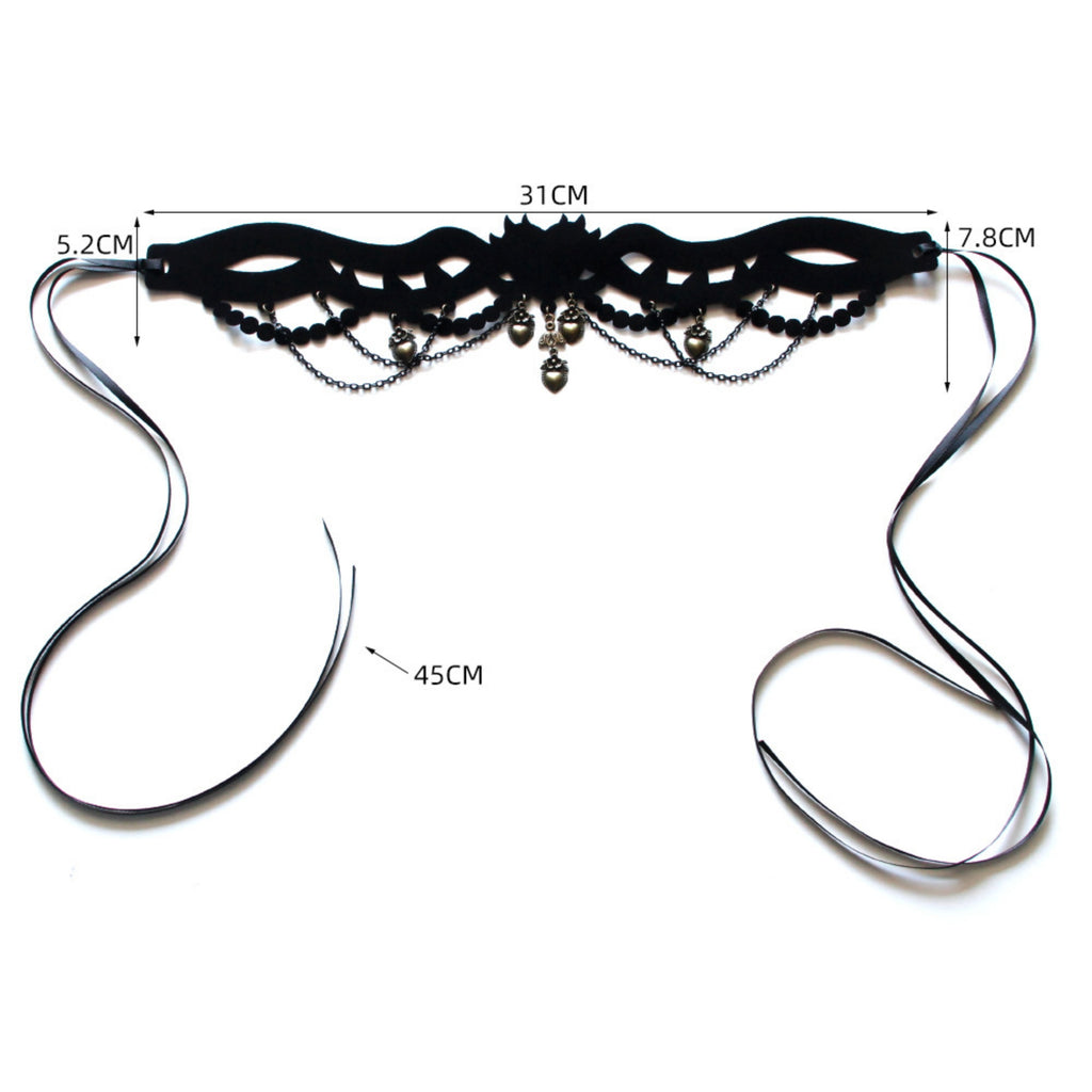 Halloween Gothic Black Velvet Crown Cutwork Choker Necklace | Antique Bronze Heart Rose Charm Chain Drape Ribbon Tie Dark Queen Costume Jewelry