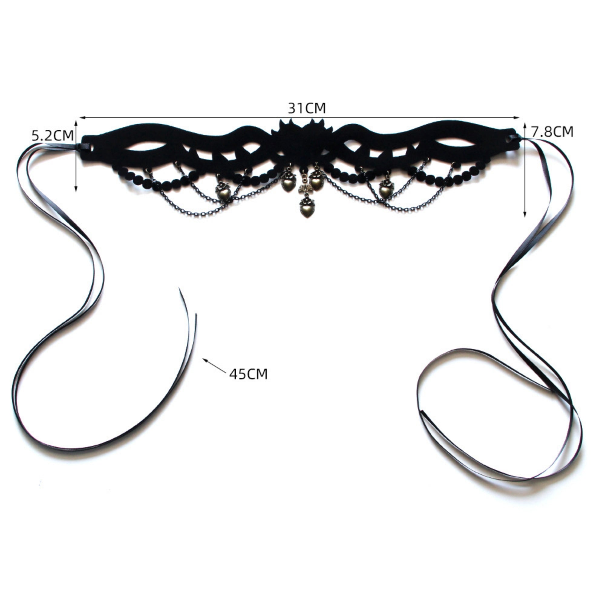 Halloween Gothic Black Velvet Crown Cutwork Choker Necklace | Antique Bronze Heart Rose Charm Chain Drape Ribbon Tie Dark Queen Costume Jewelry