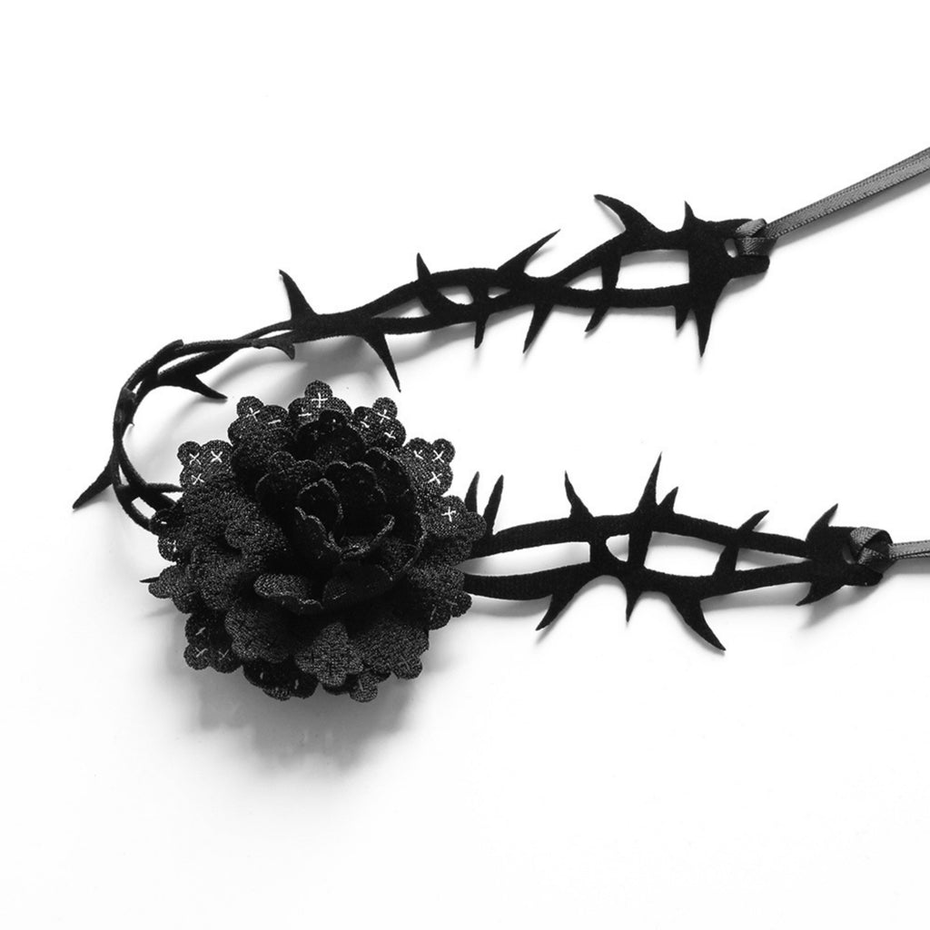 Halloween Black Thorn Vine Choker Necklace | Black Rose Lace Center Ultra Long Ribbon Tie Dark Romance Vampire Gothic Costume Jewelry
