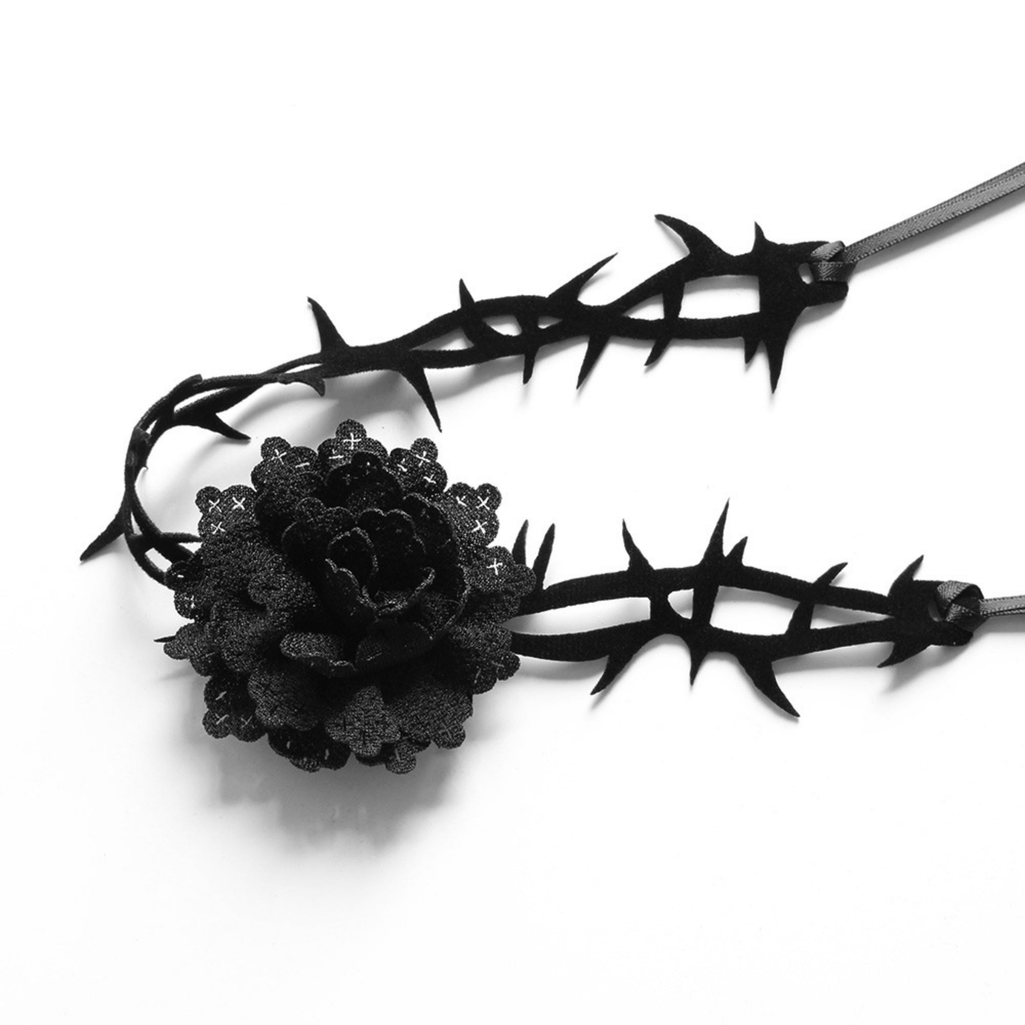 Halloween Black Thorn Vine Choker Necklace | Black Rose Lace Center Ultra Long Ribbon Tie Dark Romance Vampire Gothic Costume Jewelry