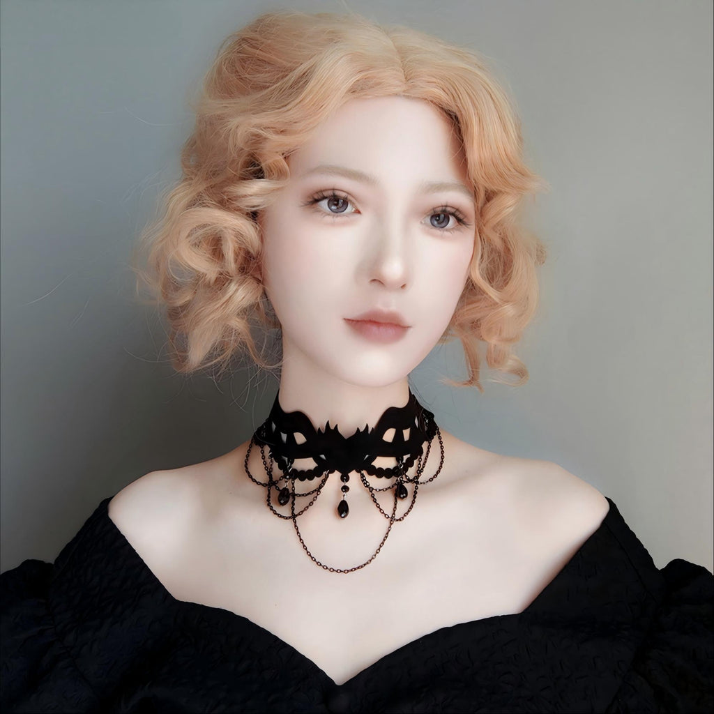 Halloween Gothic All-Black Velvet Crown Cutwork Choker Necklace | Black Chain Drape Bead Fringe Teardrop Pendant Cord Tie Dark Queen Costume Jewelry