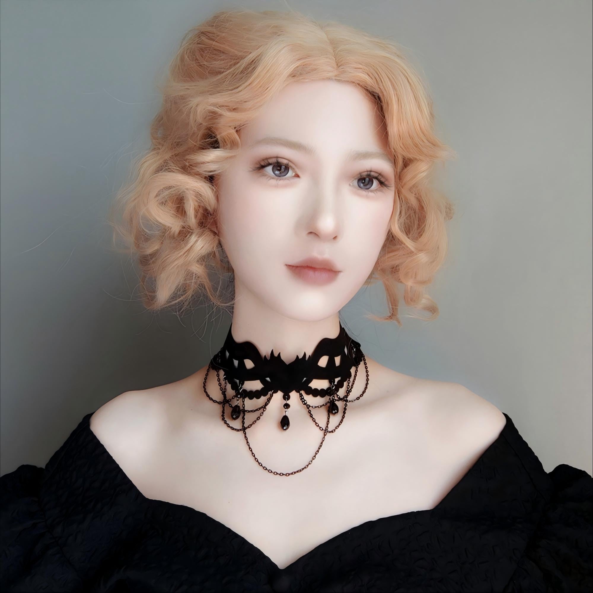 Halloween Gothic All-Black Velvet Crown Cutwork Choker Necklace | Black Chain Drape Bead Fringe Teardrop Pendant Cord Tie Dark Queen Costume Jewelry