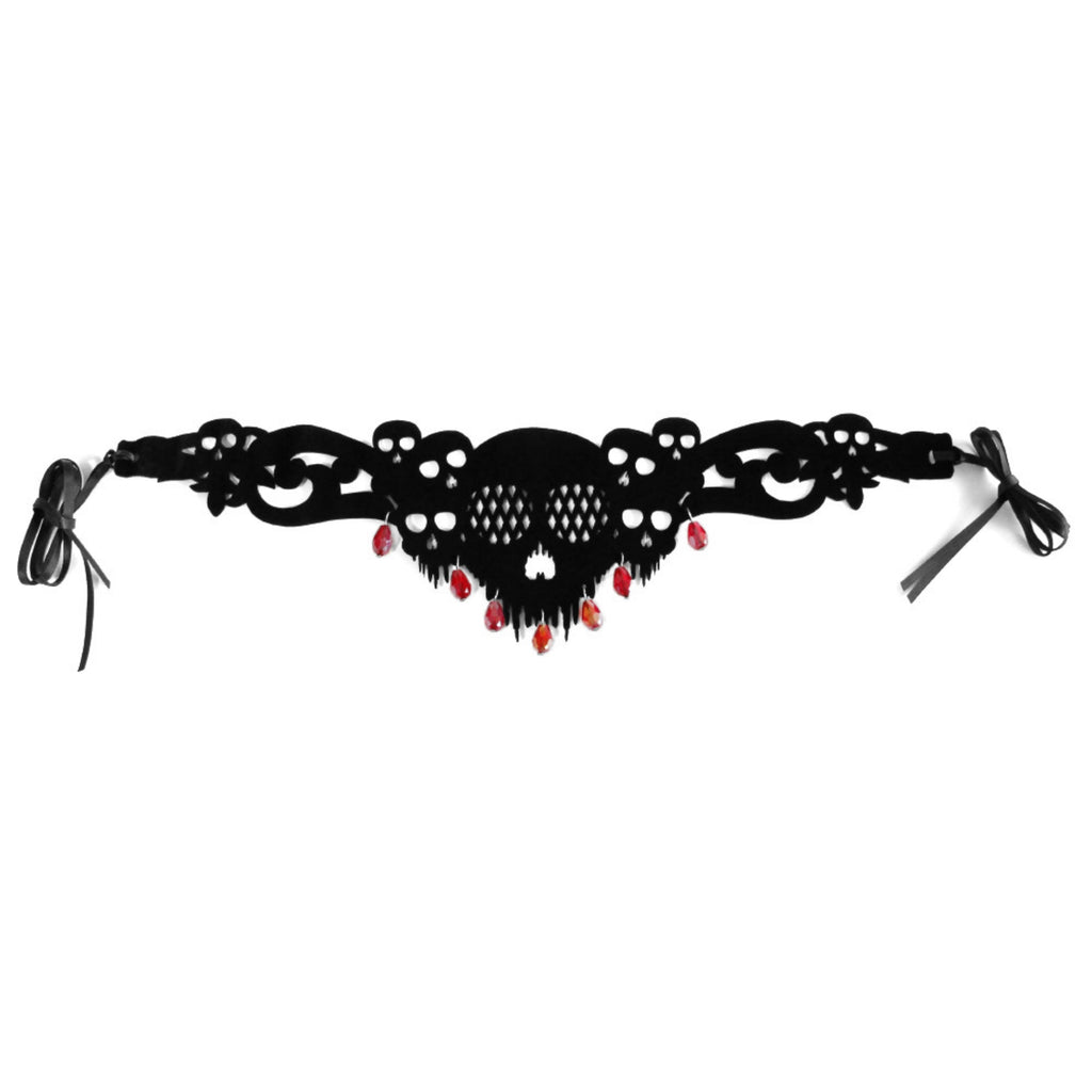 Halloween Gothic Black Skull Choker Necklace | Red Crystal Teardrop Drop Ribbon Tie Vampire Dark Jewelry