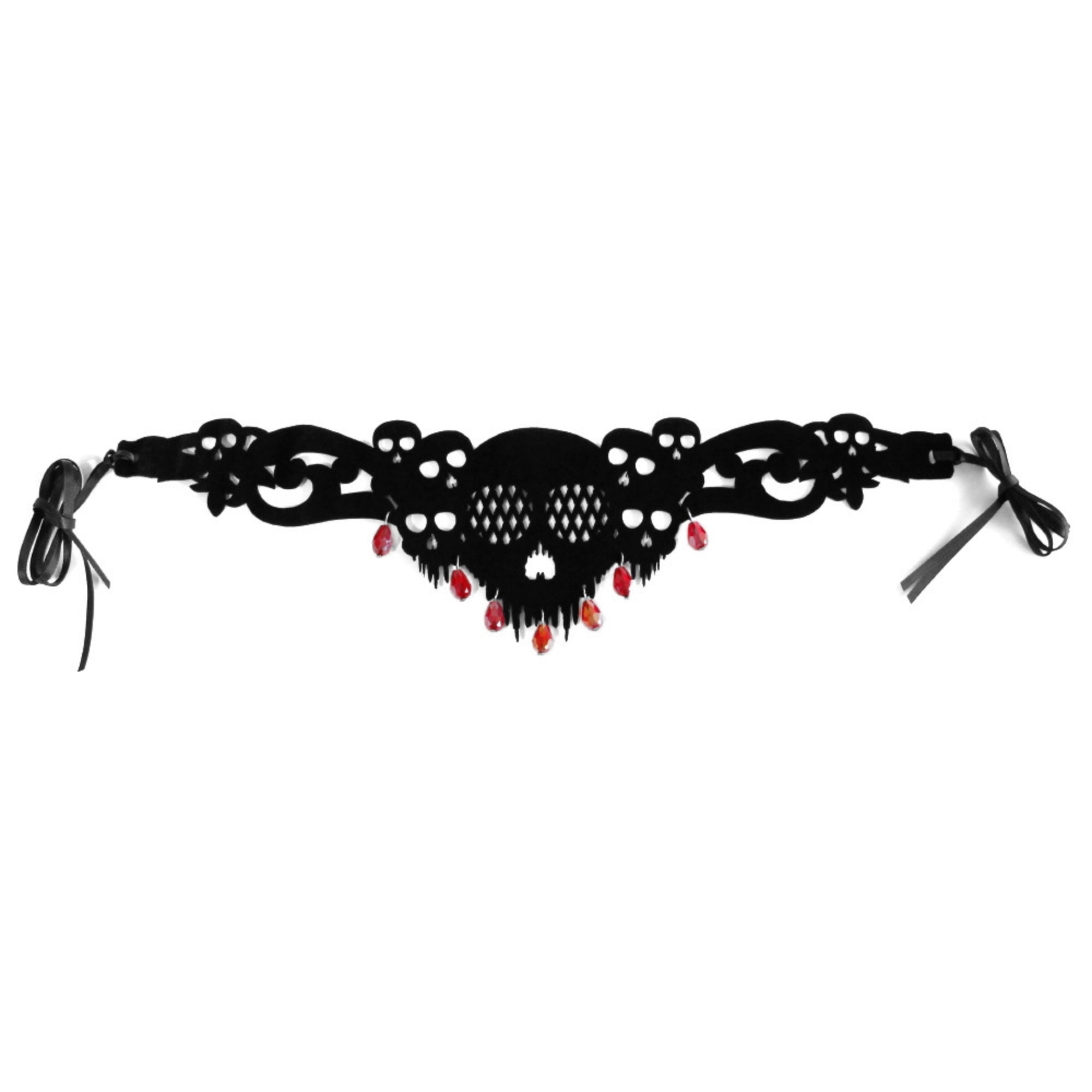 Halloween Gothic Black Skull Choker Necklace | Red Crystal Teardrop Drop Ribbon Tie Vampire Dark Jewelry