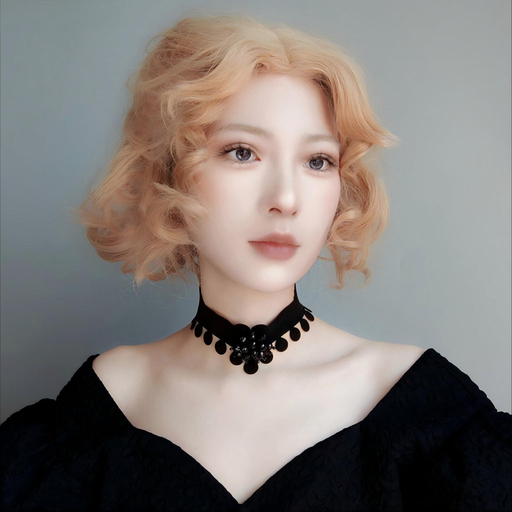 Halloween Black Velvet Baroque Scroll Choker Necklace | Pompom Ball Fringe Rhinestone Center Ribbon Tie Dark Queen Costume Jewelry