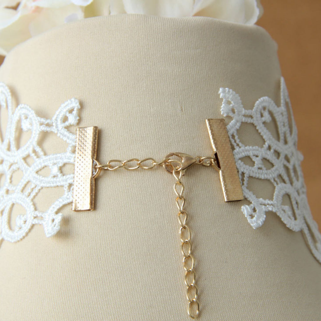 Halloween White Lace Choker Necklace | Pearl Drop Fringe Gold Chain Rhinestone Center Ghost Bride Bridal Costume Jewelry