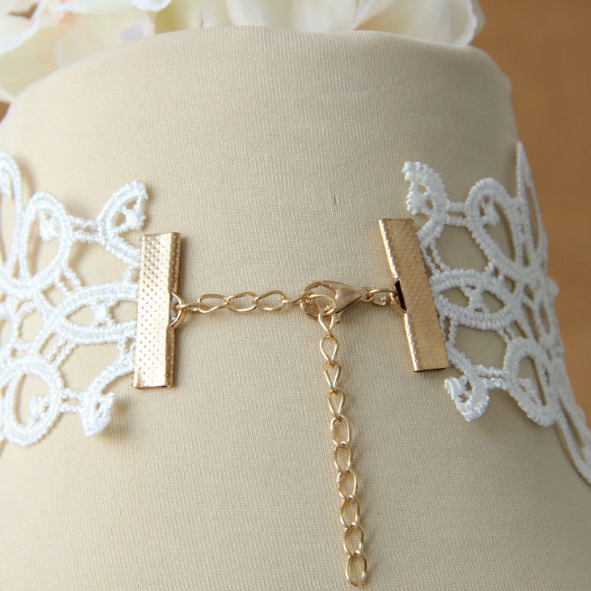 Halloween White Lace Choker Necklace | Pearl Drop Fringe Gold Chain Rhinestone Center Ghost Bride Bridal Costume Jewelry