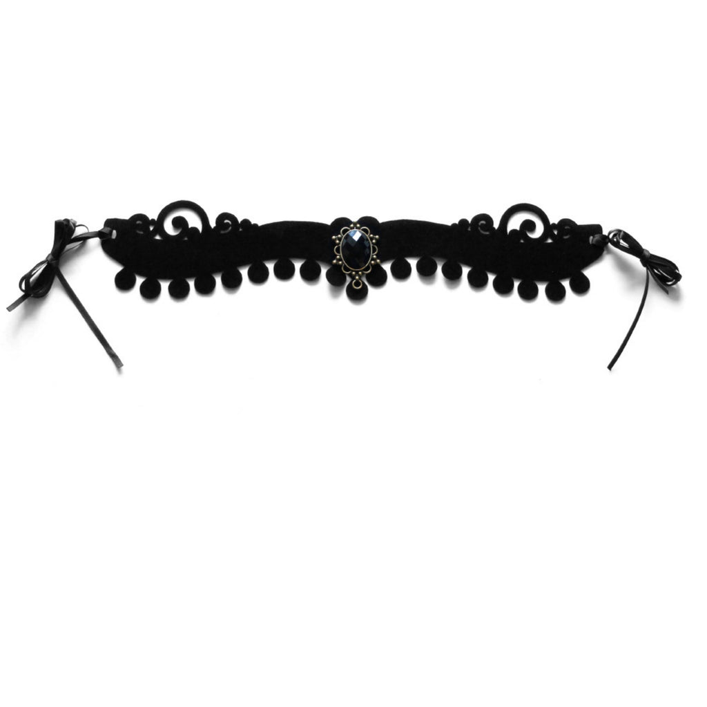 Halloween Black Velvet Baroque Choker Necklace | Pompom Ball Fringe Antique Bronze Black Oval Gemstone Pendant Long Ribbon Tie Dark Costume Jewelry