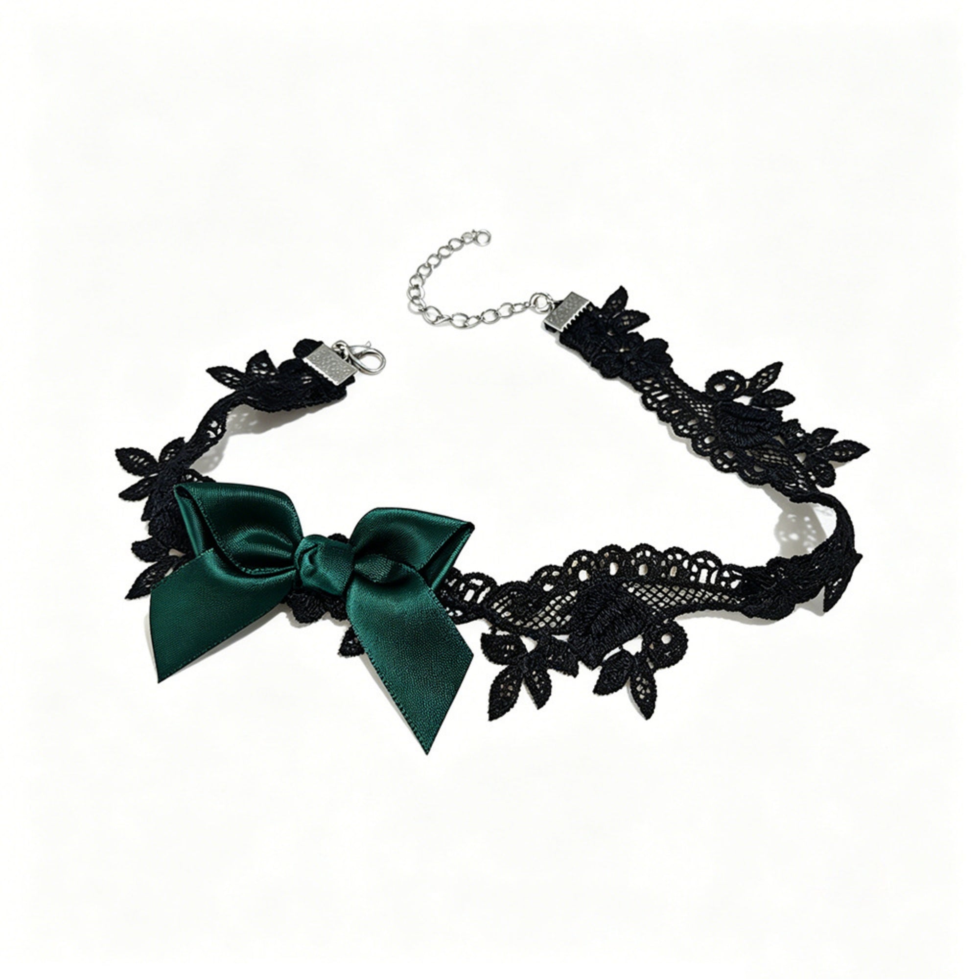 Black Lace Bow Choker Necklace | Dark Green Satin Ribbon Bow Gothic Lolita Dark Romance Halloween Jewelry