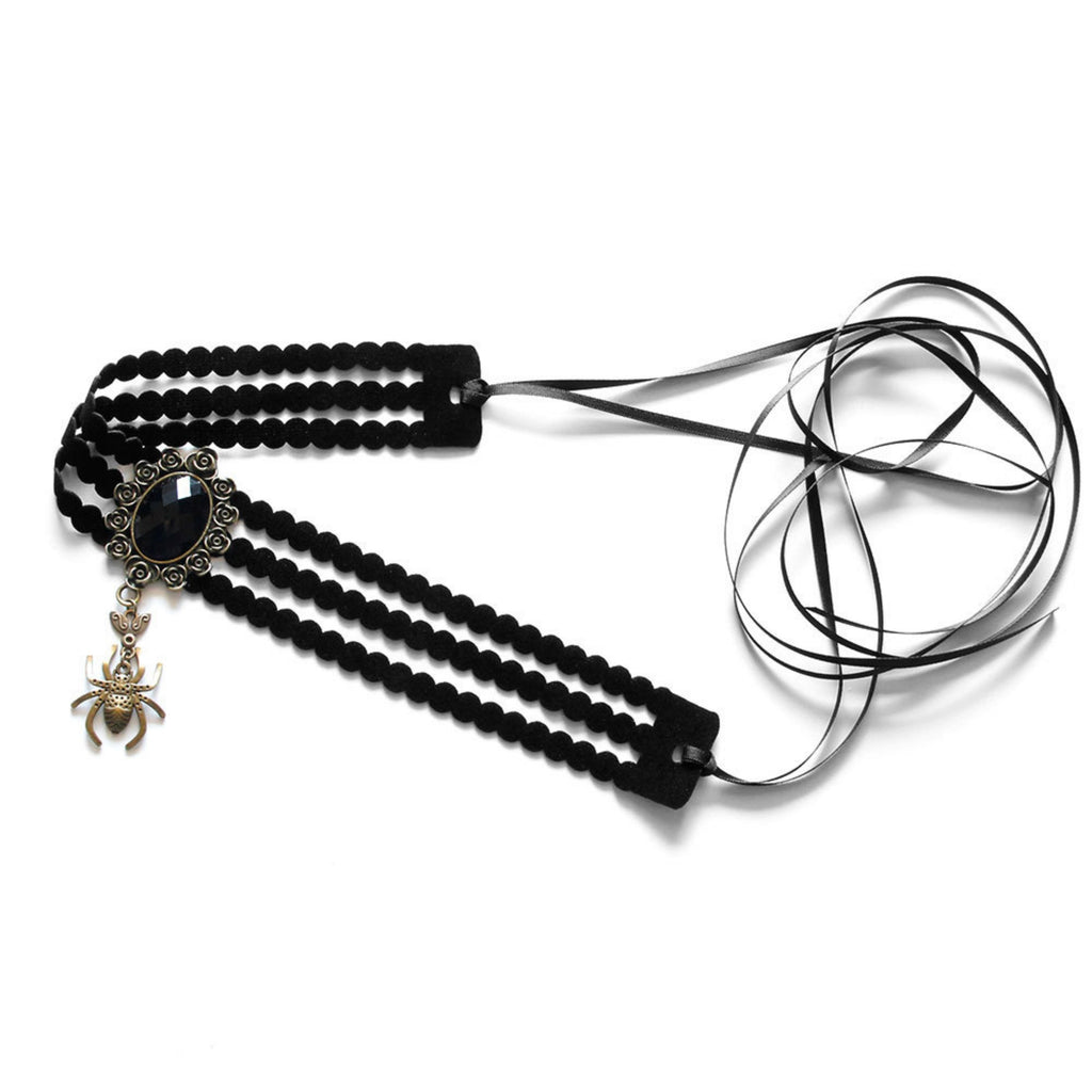 Halloween Black Triple Bead Row Choker Necklace | Antique Bronze Spider Pendant Black Oval Gemstone Ribbon Tie Dark Witch Costume Jewelry