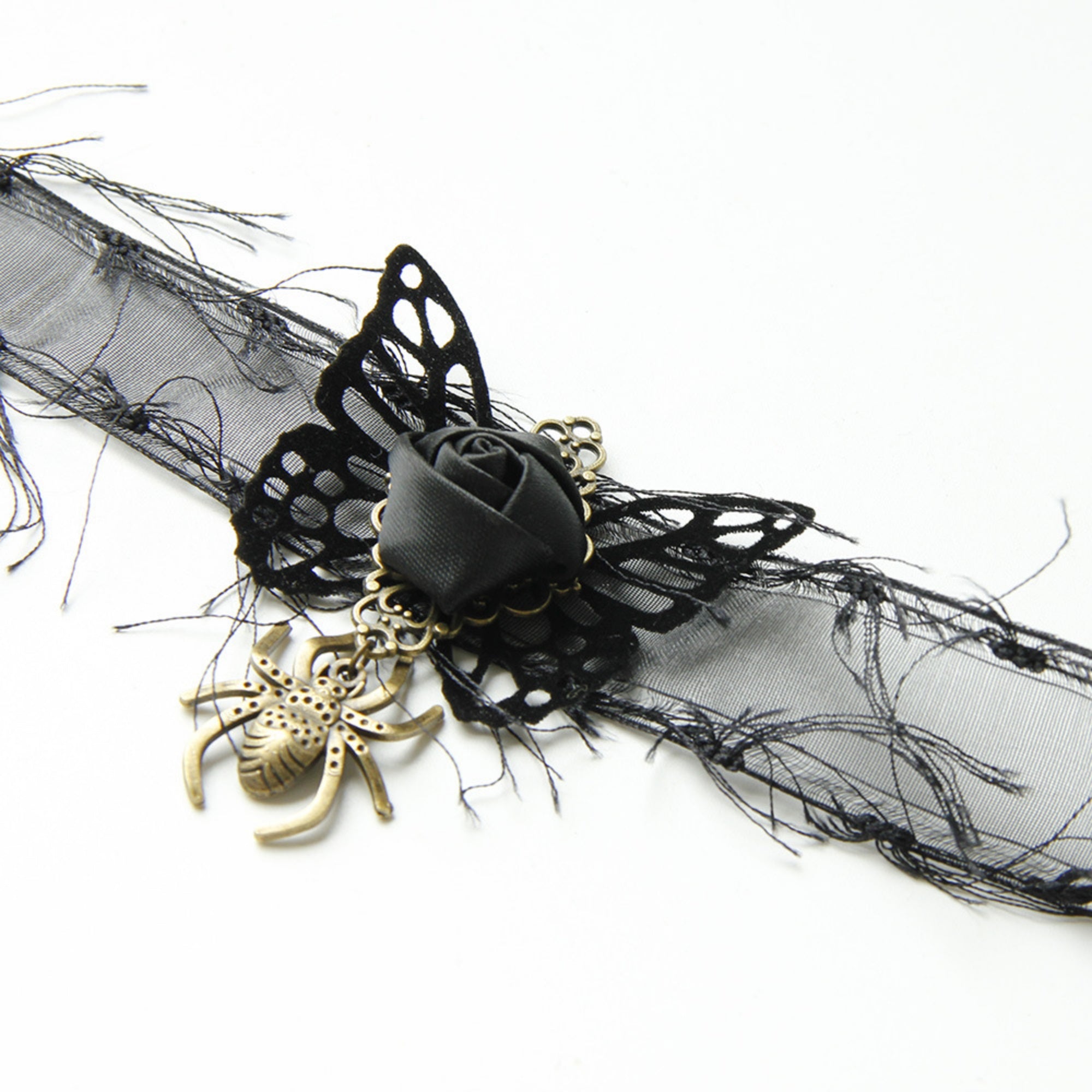 Halloween Black Lace Fringe Choker Necklace | Gold Spider Pendant Black Rose Antique Bronze Butterfly Center Halloween Witch Vampire Dark Costume Jewelry