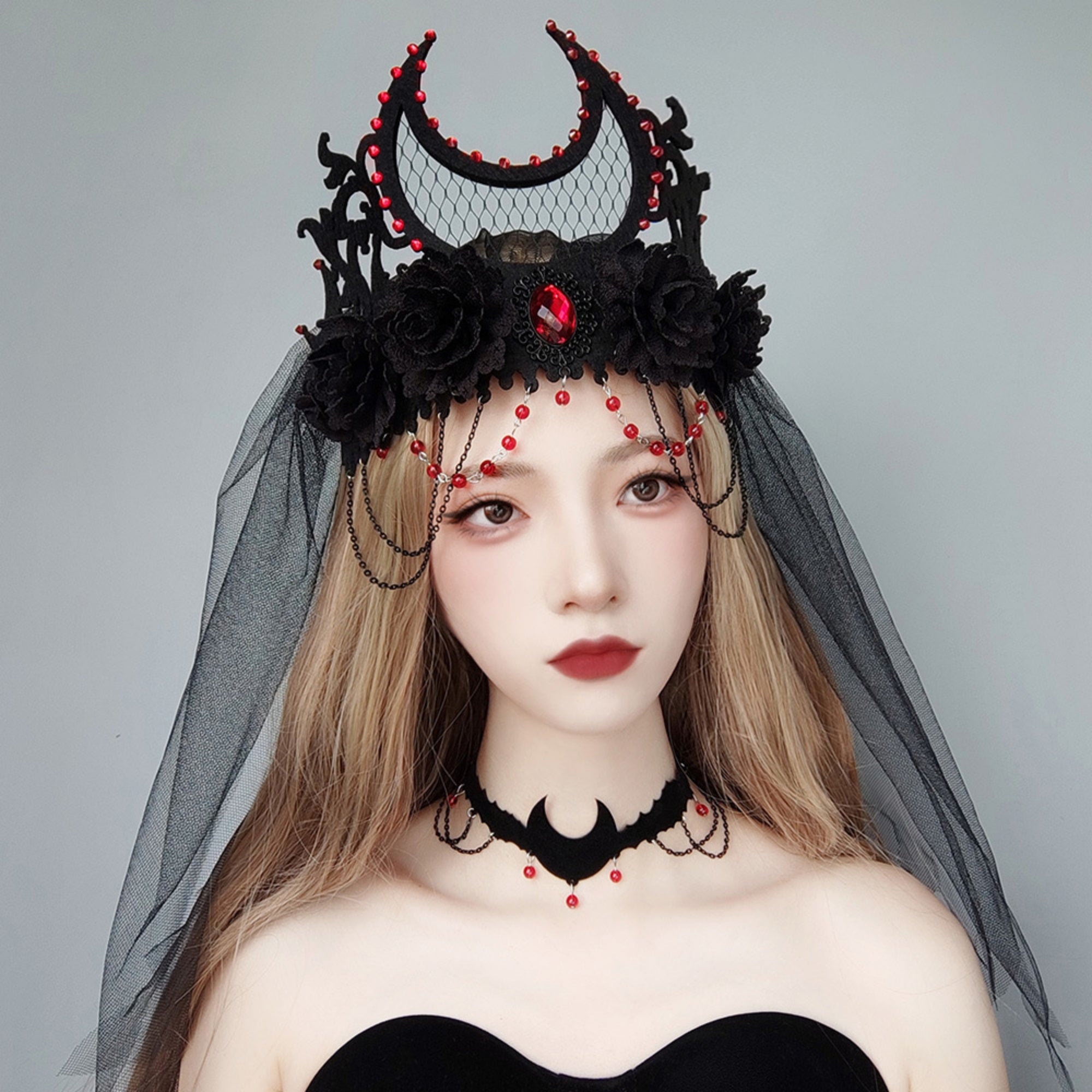 Halloween Black Velvet Bat Choker Necklace | Blood Red Bead Gunmetal Chain Drape Scallop Edge Cord Tie Vampire Dark Costume Jewelry