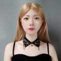 Halloween Gothic Black Spiderweb Collar Choker Necklace | Antique Bronze Spider Pendant Chain Drape Ribbon Tie Wide Dark Jewelry