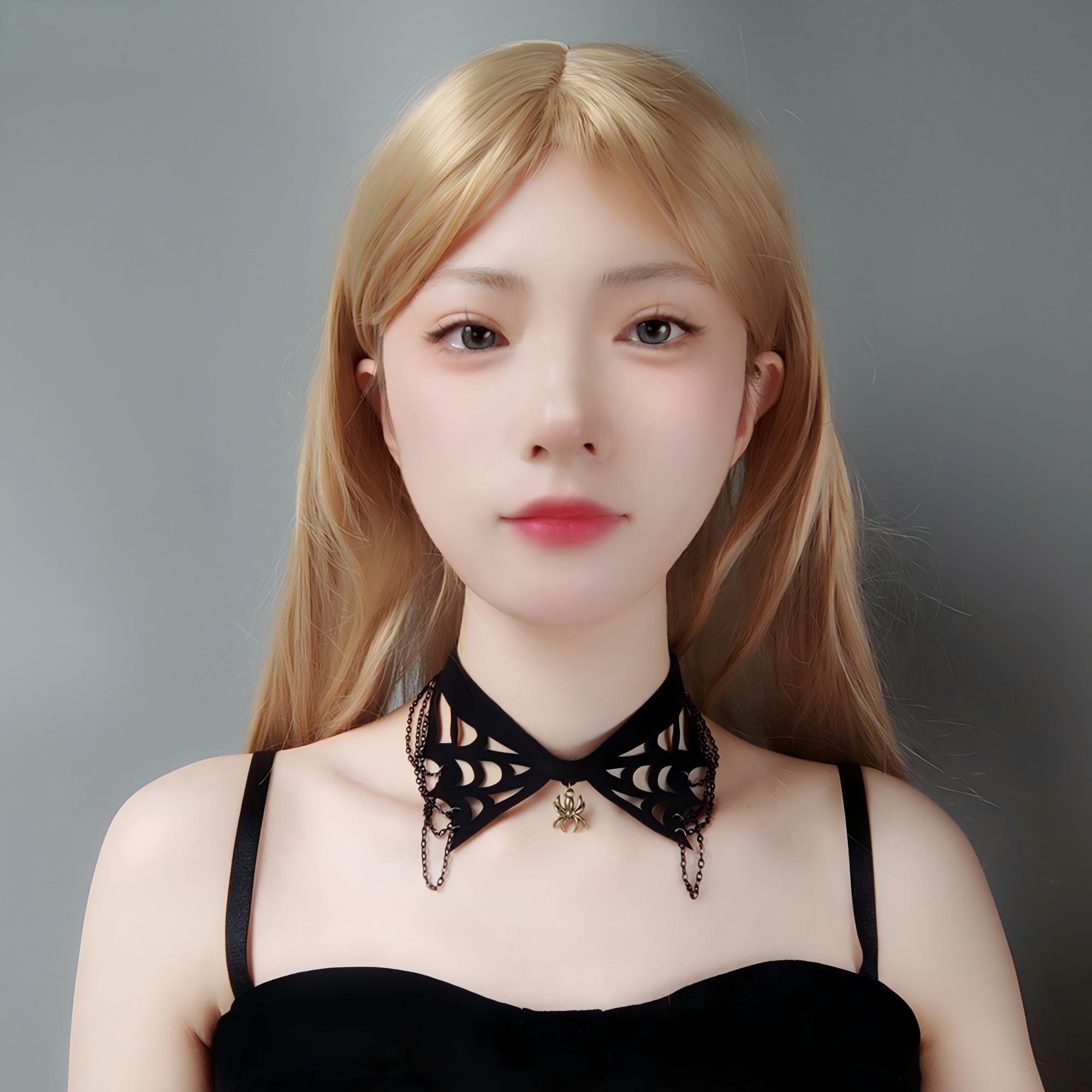 Halloween Gothic Black Spiderweb Collar Choker Necklace | Antique Bronze Spider Pendant Chain Drape Ribbon Tie Wide Dark Jewelry