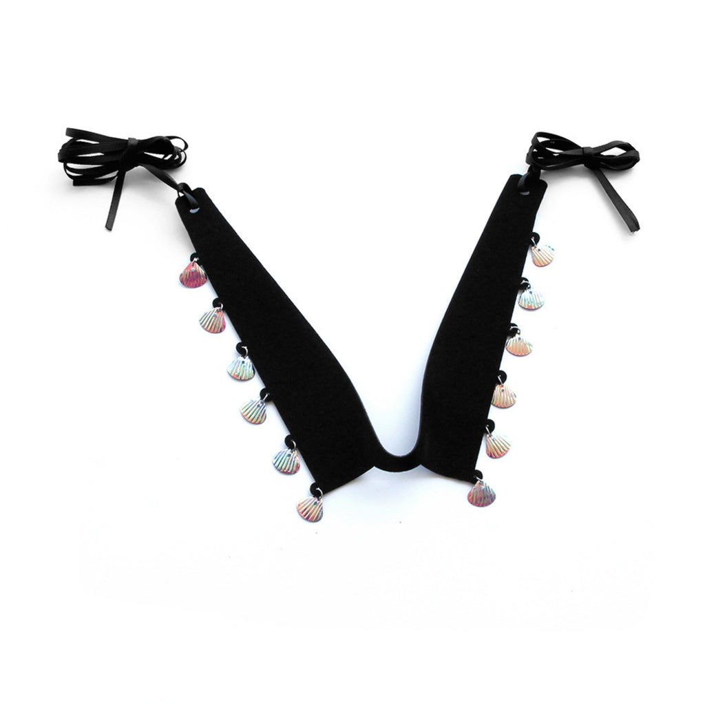 Black Velvet Choker Necklace | Y2K Holographic Shell Fringe Dark Mermaid Aesthetic Gift for Her | Fairycore Coastal Jewelry