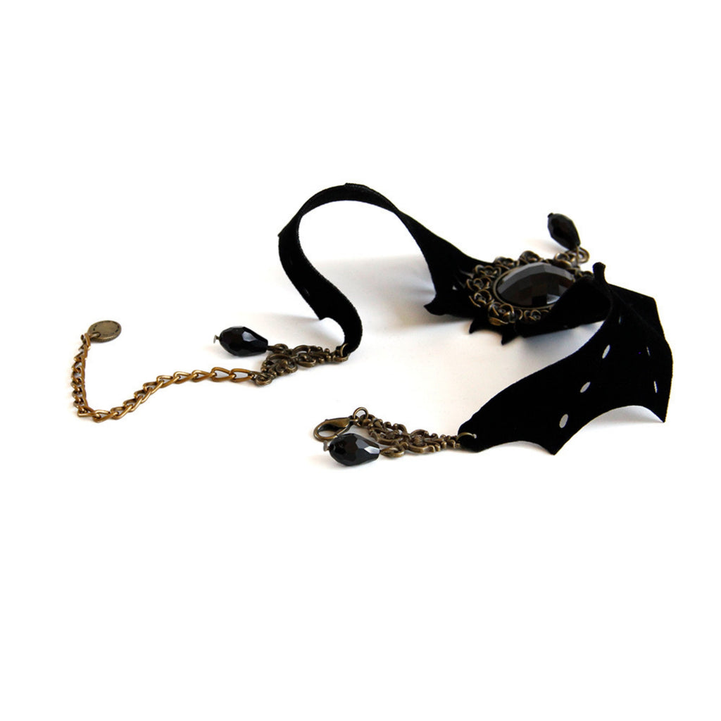 Gothic Halloween Bat Wing Black Velvet Choker Necklace | Antique Bronze Black Gem Crystal Teardrop Drop Vampire Dark Jewelry