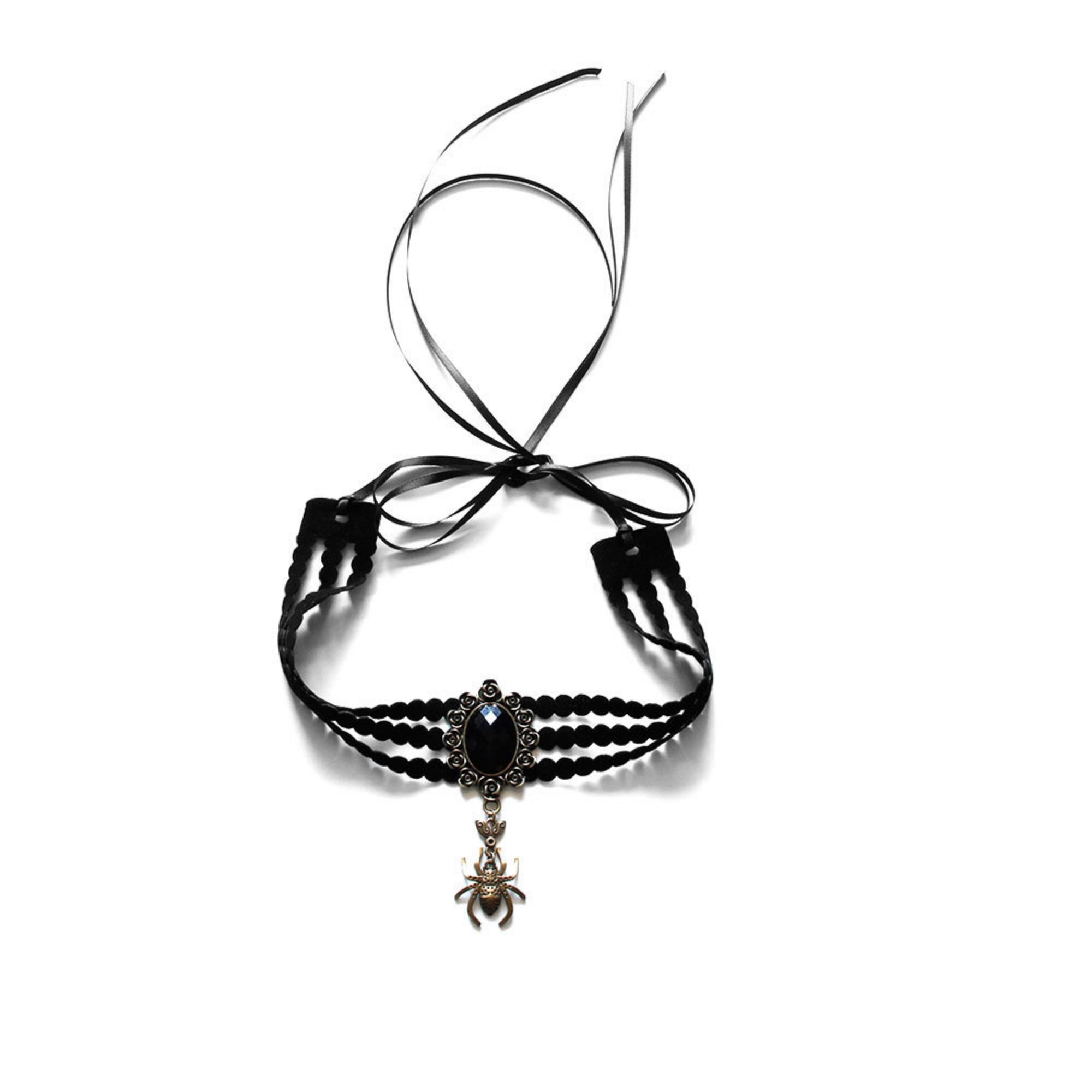 Halloween Black Triple Bead Row Choker Necklace | Antique Bronze Spider Pendant Black Oval Gemstone Ribbon Tie Dark Witch Costume Jewelry