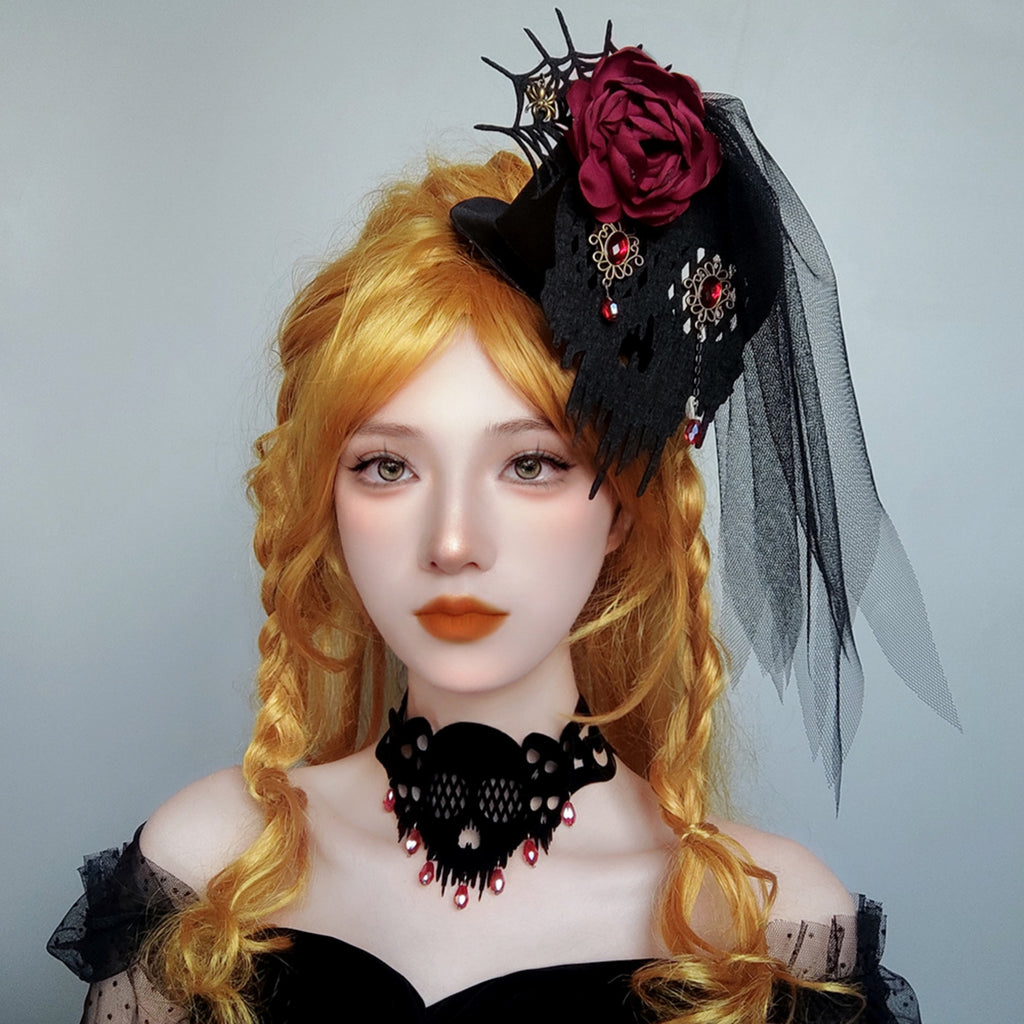 Halloween Gothic Black Skull Choker Necklace | Red Crystal Teardrop Drop Ribbon Tie Vampire Dark Jewelry