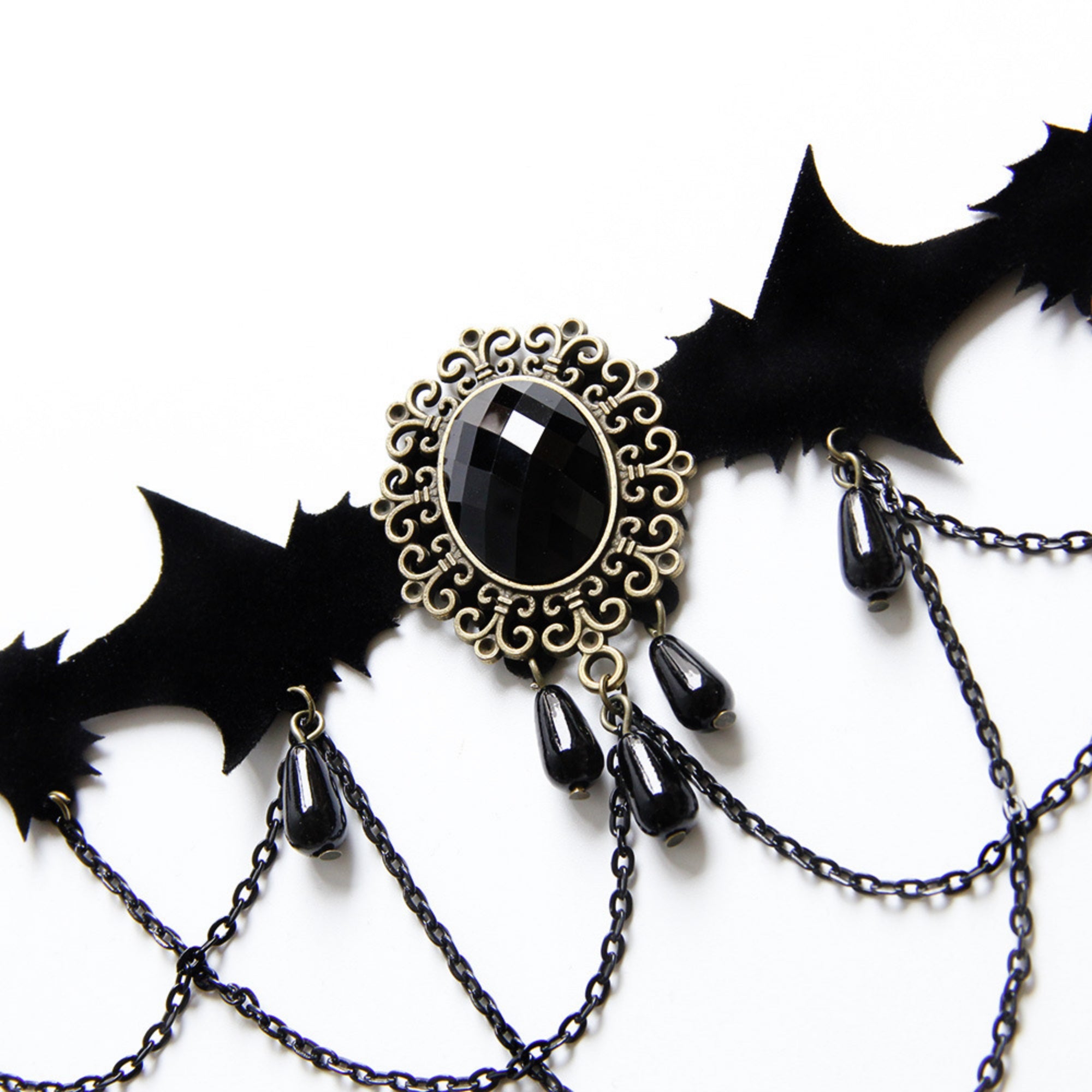 Halloween Gothic Multi-Bat Wing Choker Necklace | Antique Bronze Black Oval Gemstone Teardrop Drop Chain Drape Vampire Bride Dark Costume Jewelry