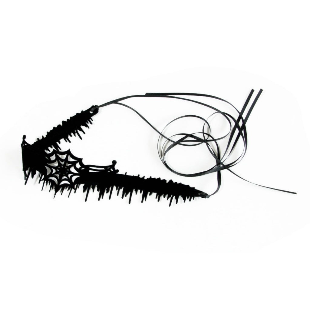 Halloween Gothic Black Spiderweb Choker Necklace | Wide Cutwork Spike Edge Ribbon Tie Witch Dark Jewelry