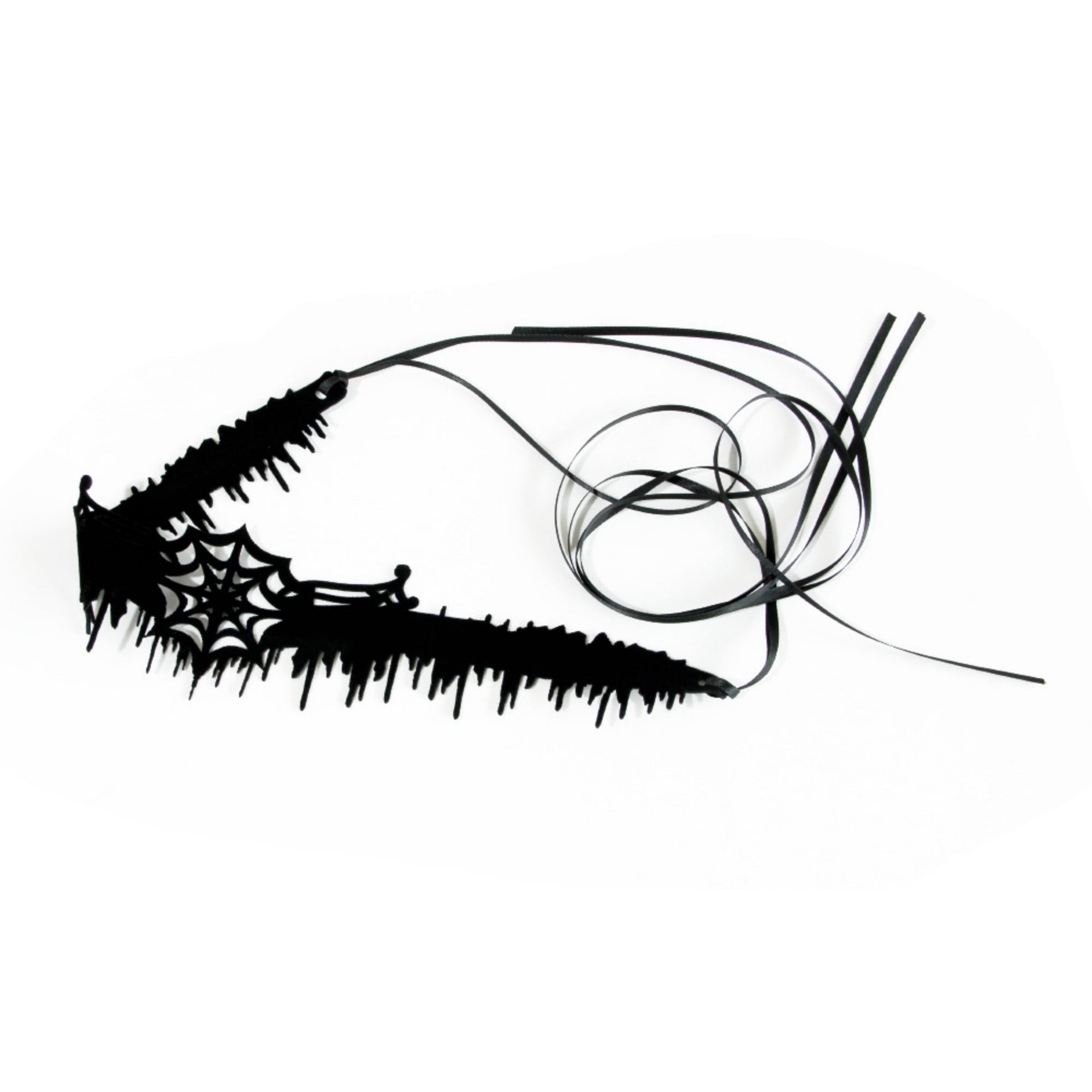 Halloween Gothic Black Spiderweb Choker Necklace | Wide Cutwork Spike Edge Ribbon Tie Witch Dark Jewelry
