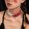 Halloween Gothic Two-Tone Pearl & Blood Red Stone Wide Choker Necklace | Vampire Dark Romance Halloween Costume Jewelry
