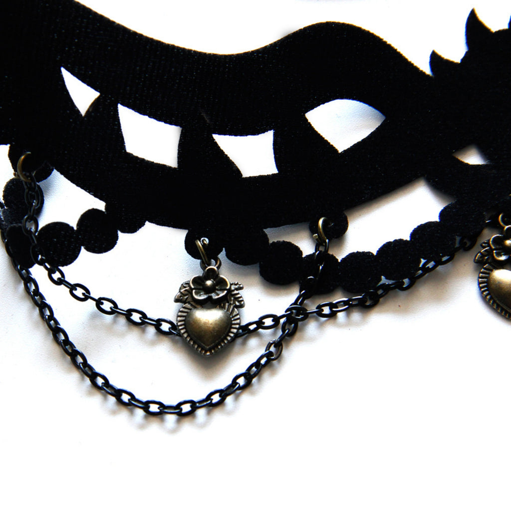 Halloween Gothic Black Velvet Crown Cutwork Choker Necklace | Antique Bronze Heart Rose Charm Chain Drape Ribbon Tie Dark Queen Costume Jewelry