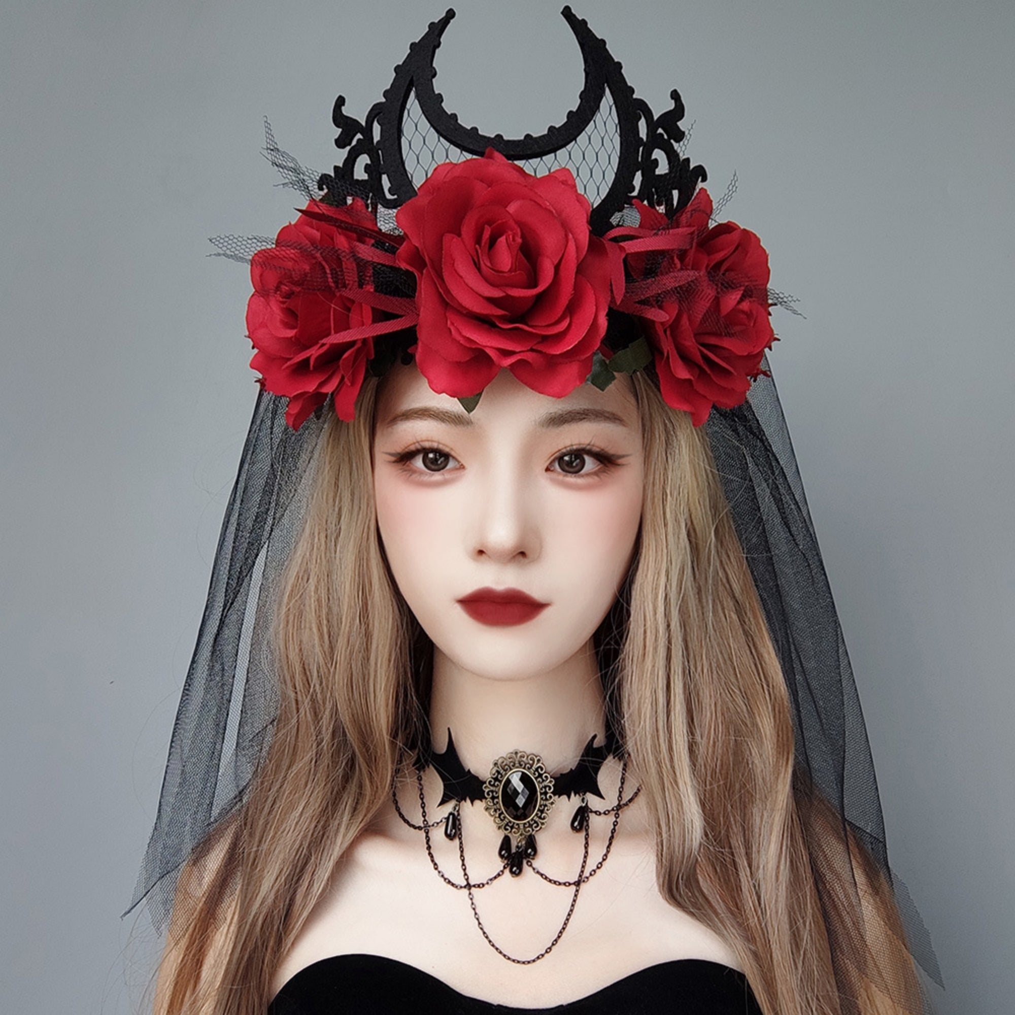 Halloween Gothic Multi-Bat Wing Choker Necklace | Antique Bronze Black Oval Gemstone Teardrop Drop Chain Drape Vampire Bride Dark Costume Jewelry
