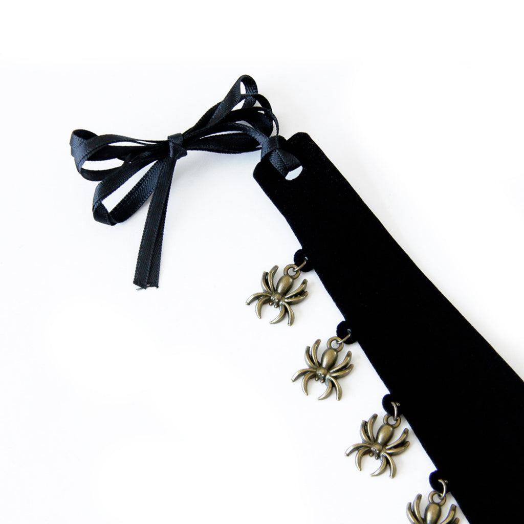 Halloween Gothic Black Velvet Choker Necklace | Antique Bronze Spider Charm Drop Fringe Ribbon Bow Tie Dark Jewelry
