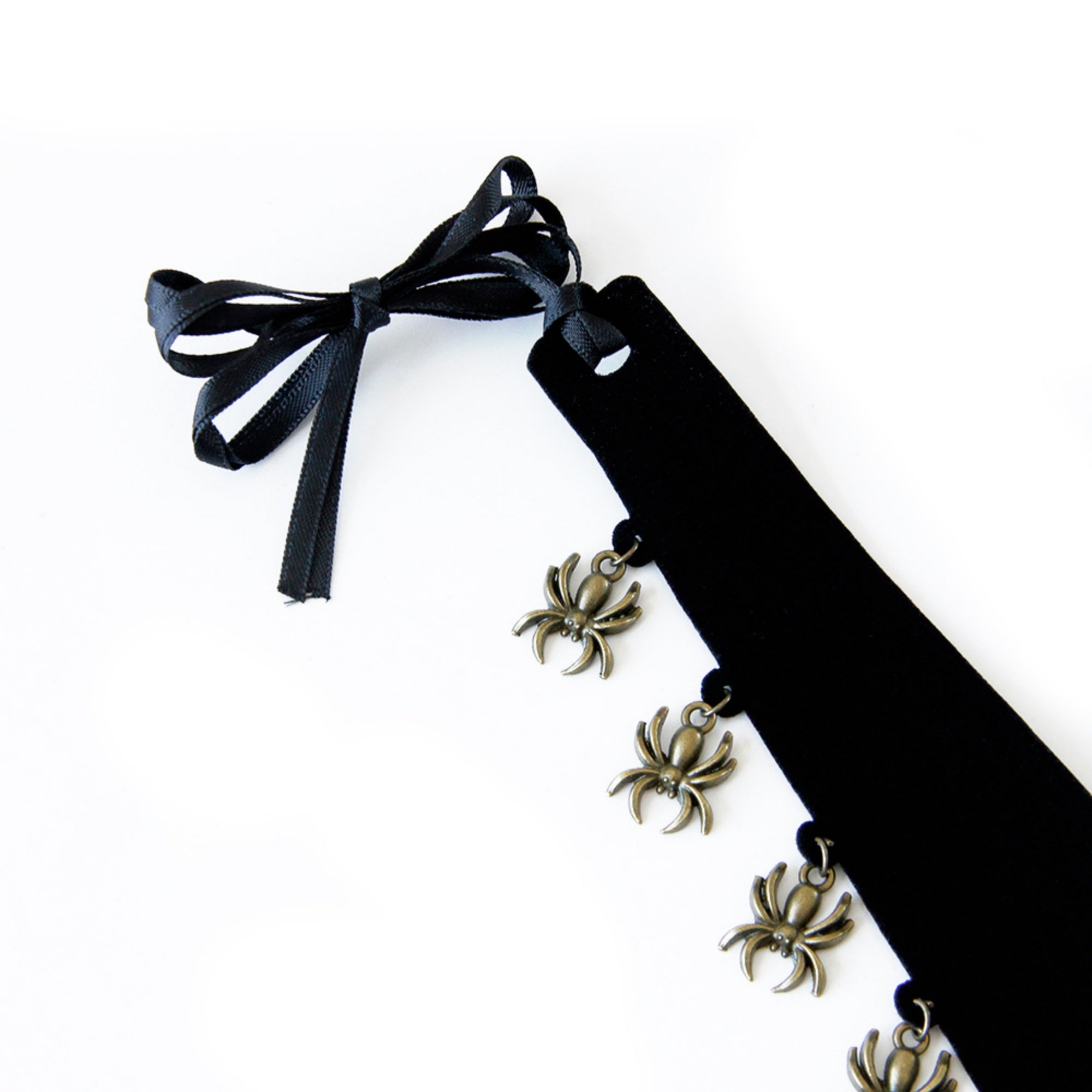 Halloween Gothic Black Velvet Choker Necklace | Antique Bronze Spider Charm Drop Fringe Ribbon Bow Tie Dark Jewelry