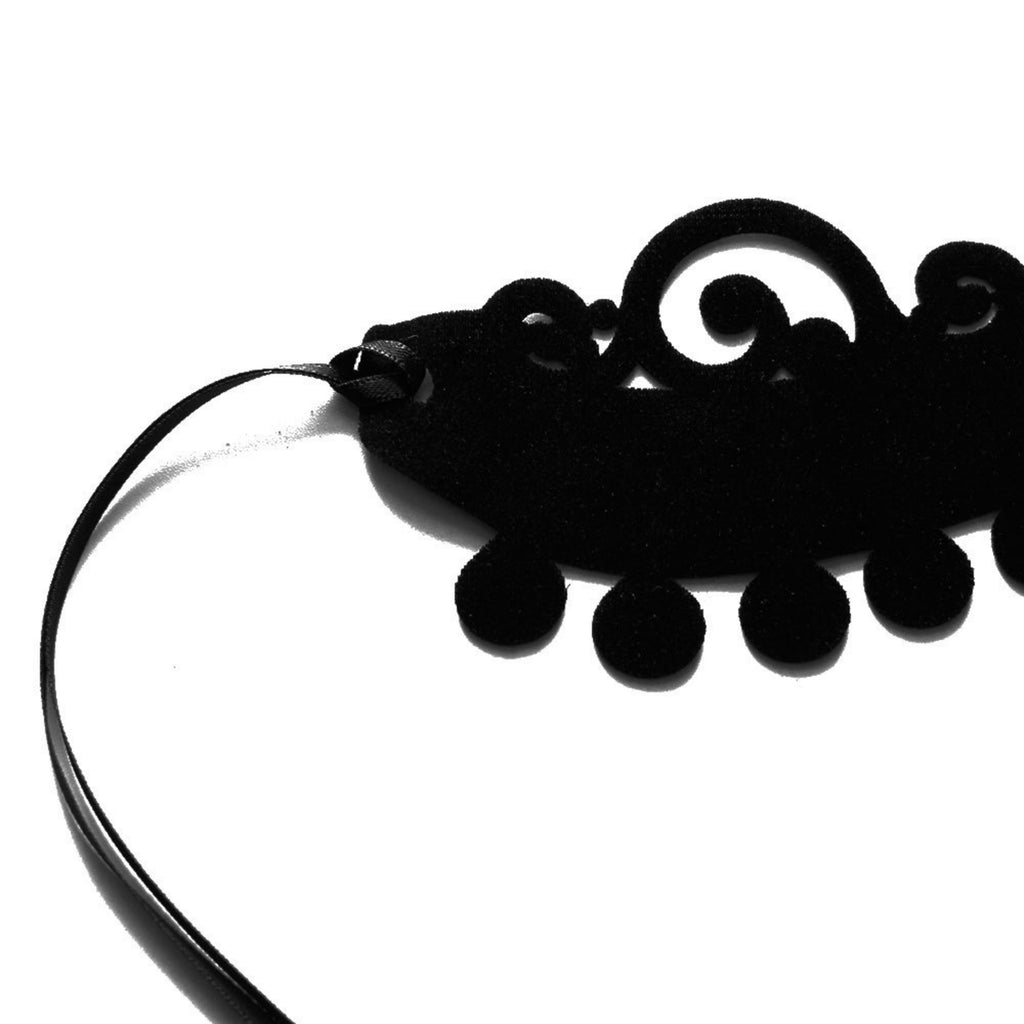 Halloween Black Velvet Baroque Scroll Choker Necklace | Pompom Ball Fringe Rhinestone Center Ribbon Tie Dark Queen Costume Jewelry