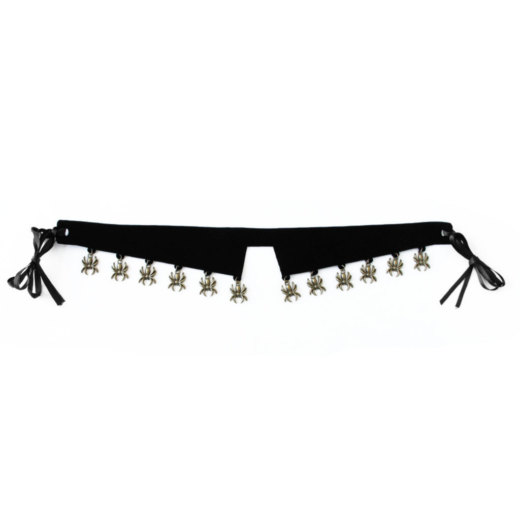 Halloween Gothic Black Velvet Choker Necklace | Antique Bronze Spider Charm Drop Fringe Ribbon Bow Tie Dark Jewelry