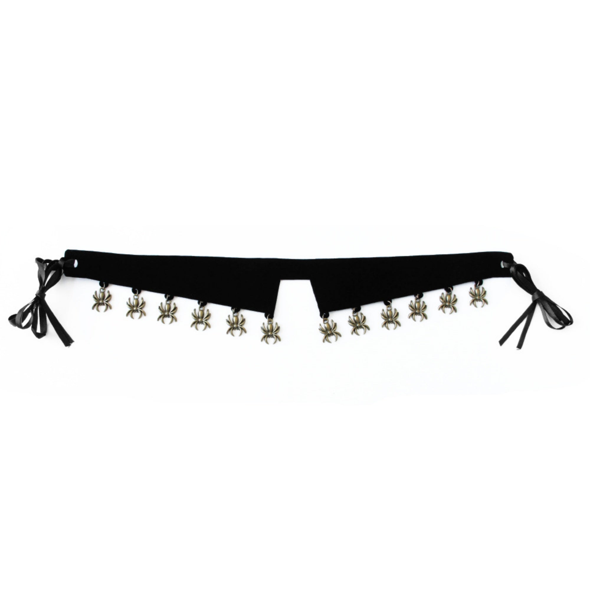 Halloween Gothic Black Velvet Choker Necklace | Antique Bronze Spider Charm Drop Fringe Ribbon Bow Tie Dark Jewelry