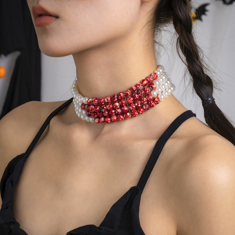 Halloween Gothic Two-Tone Pearl & Blood Red Stone Wide Choker Necklace | Vampire Dark Romance Halloween Costume Jewelry