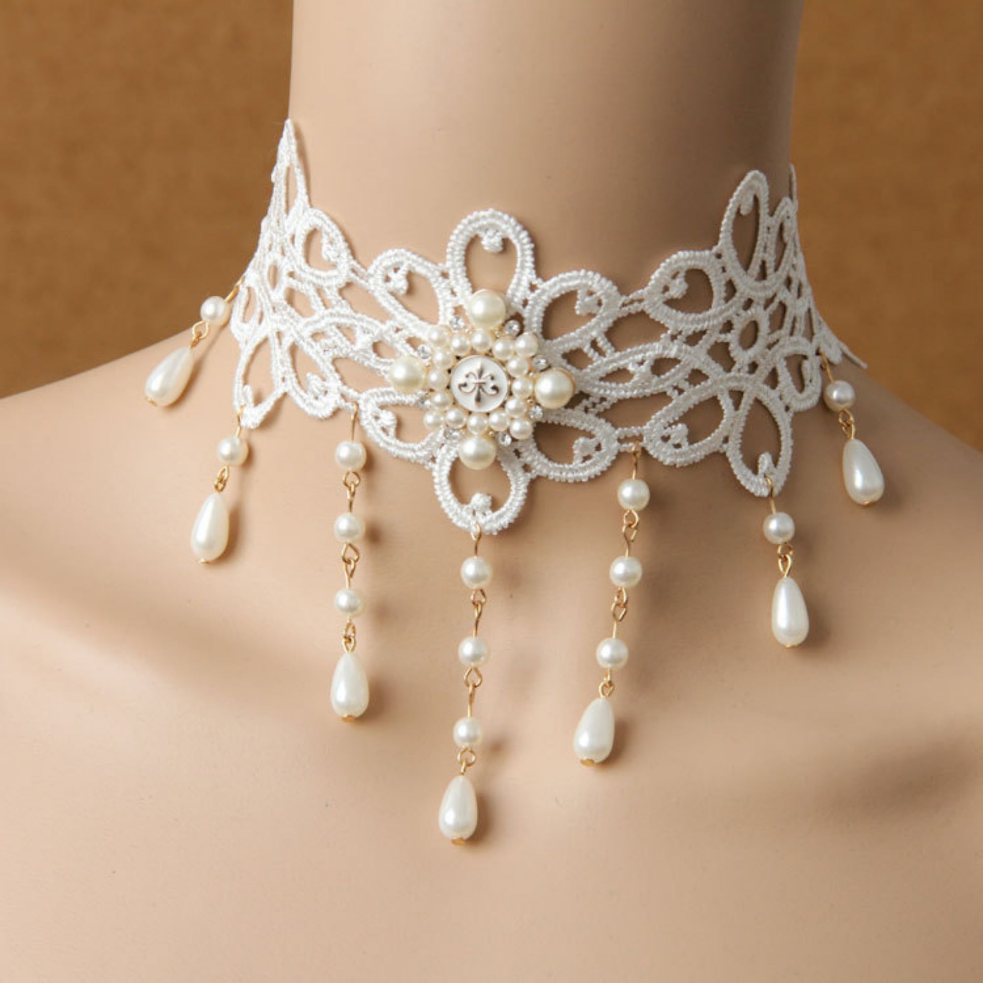 Halloween White Lace Choker Necklace | Pearl Drop Fringe Gold Chain Rhinestone Center Ghost Bride Bridal Costume Jewelry