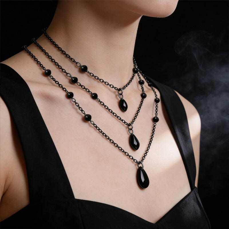 Halloween Gothic Black Triple Layer Crystal Teardrop Necklace Set | All-Black Chain Bead Dark Aesthetic Halloween Jewelry