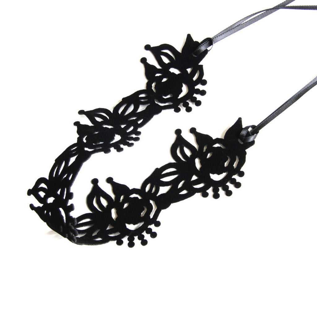 Black Velvet Floral Crown Tiara Choker Necklace | Victorian Rose Leaf Crown Cutwork Ribbon Tie Gothic Lolita Dark Romantic Halloween Jewelry