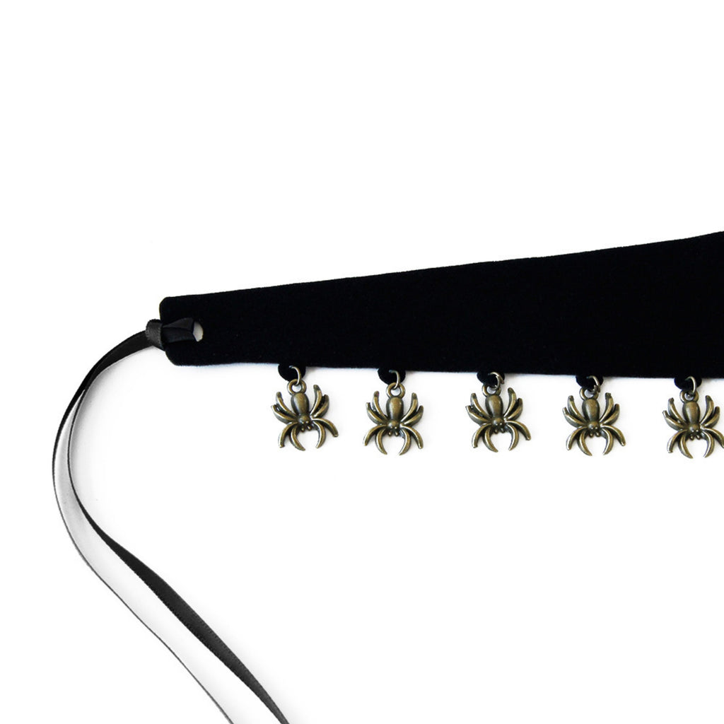 Halloween Gothic Black Velvet Choker Necklace | Antique Bronze Spider Charm Drop Fringe Ribbon Bow Tie Dark Jewelry