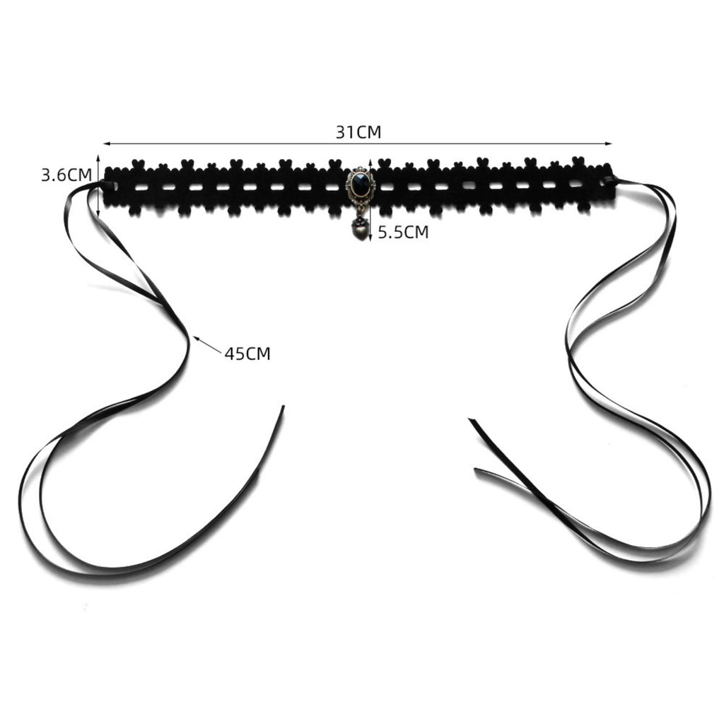 Halloween Gothic Black Velvet Grid Cutwork Choker Necklace | Silver Heart Pendant Black Oval Gemstone Clover Edge Ribbon Tie Dark Witch Costume Jewelry