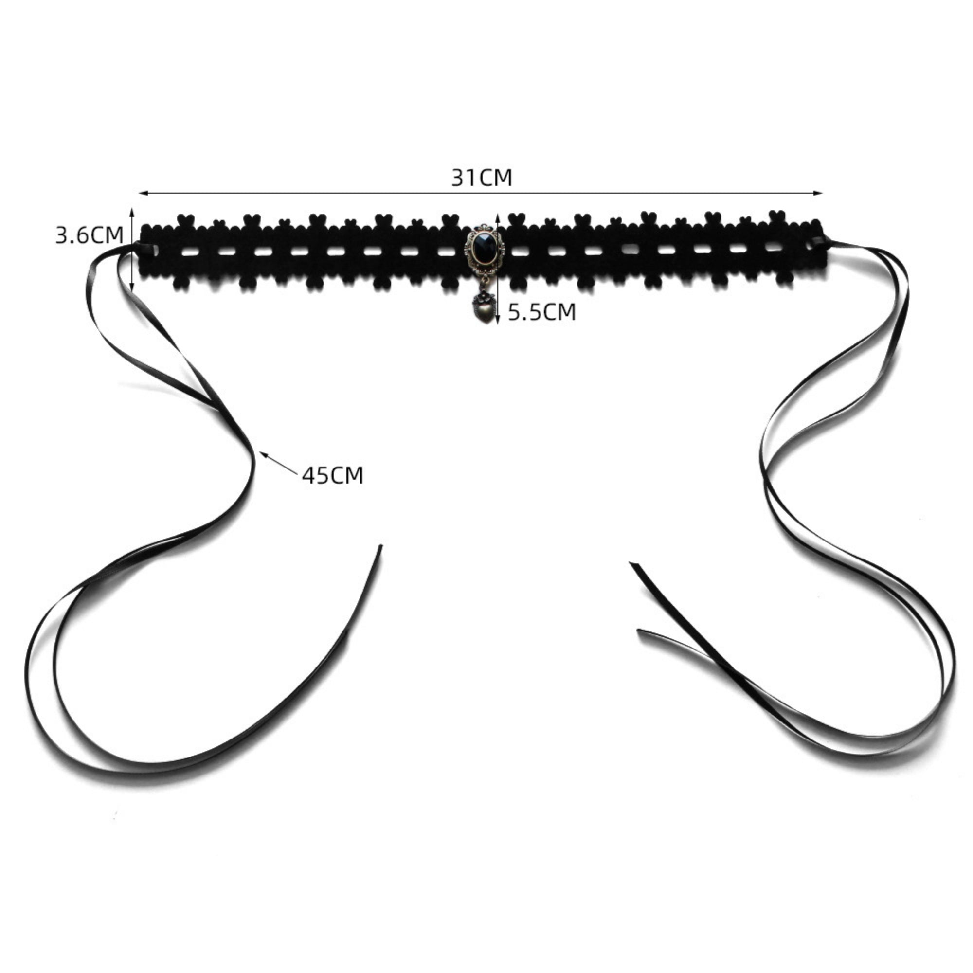 Halloween Gothic Black Velvet Grid Cutwork Choker Necklace | Silver Heart Pendant Black Oval Gemstone Clover Edge Ribbon Tie Dark Witch Costume Jewelry
