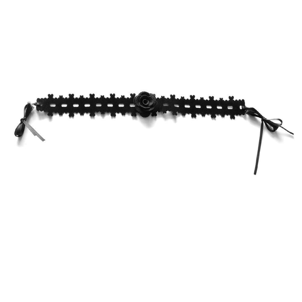 Halloween Black Lace Choker Necklace | 3D Rose Center Ribbon Tie Witch Gothic Bride Dark Costume Jewelry