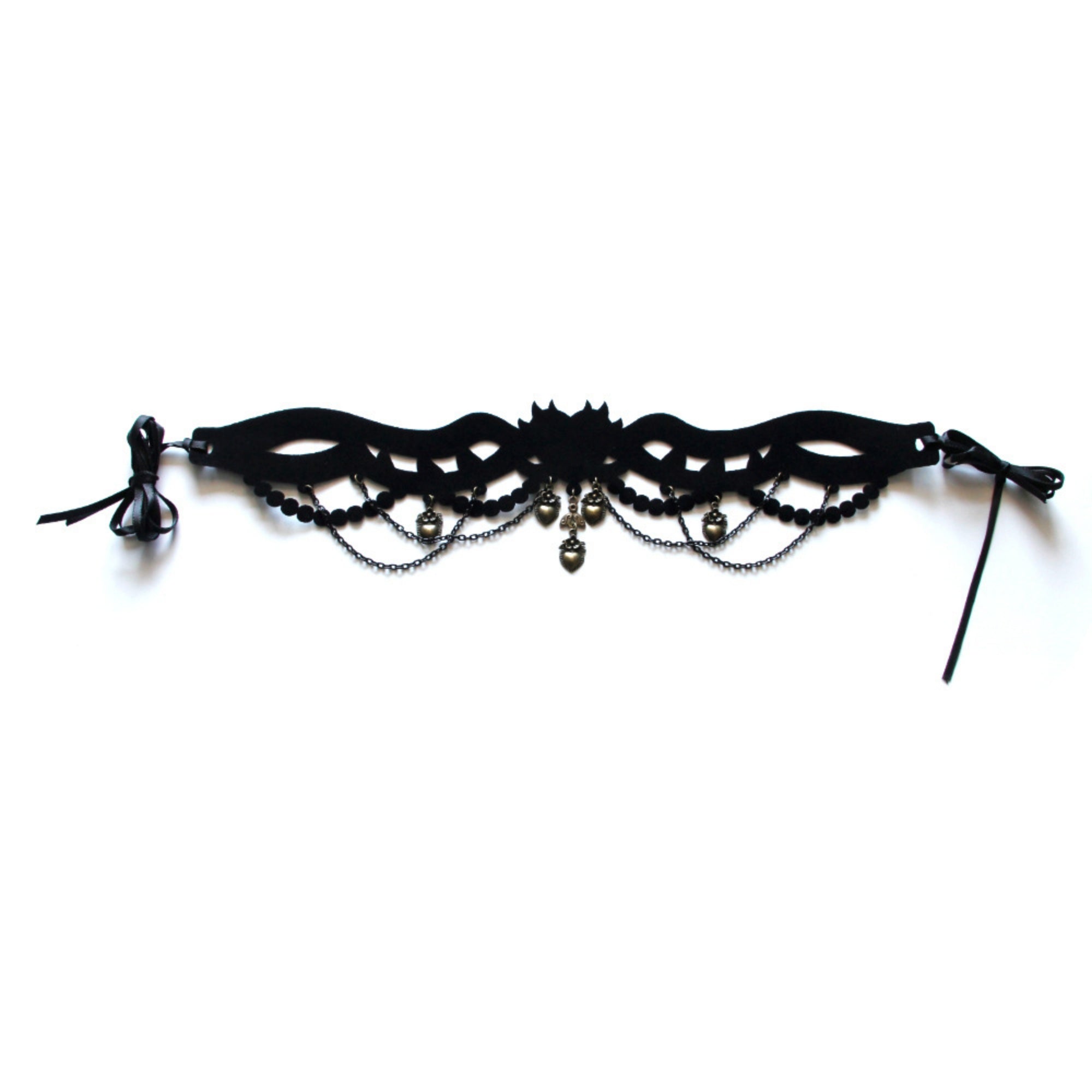 Halloween Gothic Black Velvet Crown Cutwork Choker Necklace | Antique Bronze Heart Rose Charm Chain Drape Ribbon Tie Dark Queen Costume Jewelry