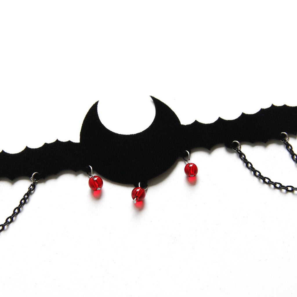 Halloween Black Velvet Bat Choker Necklace | Blood Red Bead Gunmetal Chain Drape Scallop Edge Cord Tie Vampire Dark Costume Jewelry