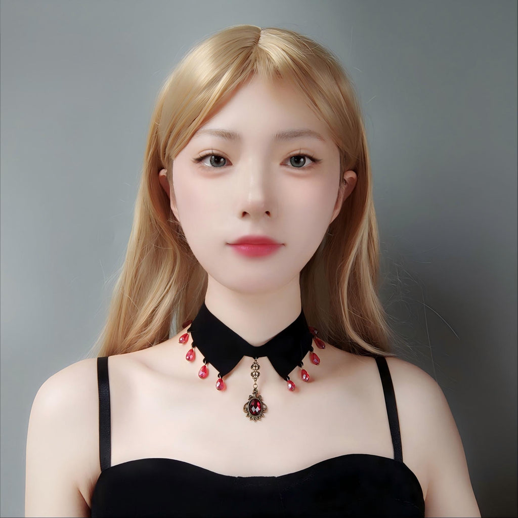 Gothic Vampire Black Velvet V-Collar Choker Necklace | Full Red Crystal Teardrop Fringe Antique Cameo Pendant Ribbon Tie Dark Jewelry