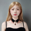 Gothic Vampire Black Velvet V-Collar Choker Necklace | Full Red Crystal Teardrop Fringe Antique Cameo Pendant Ribbon Tie Dark Jewelry