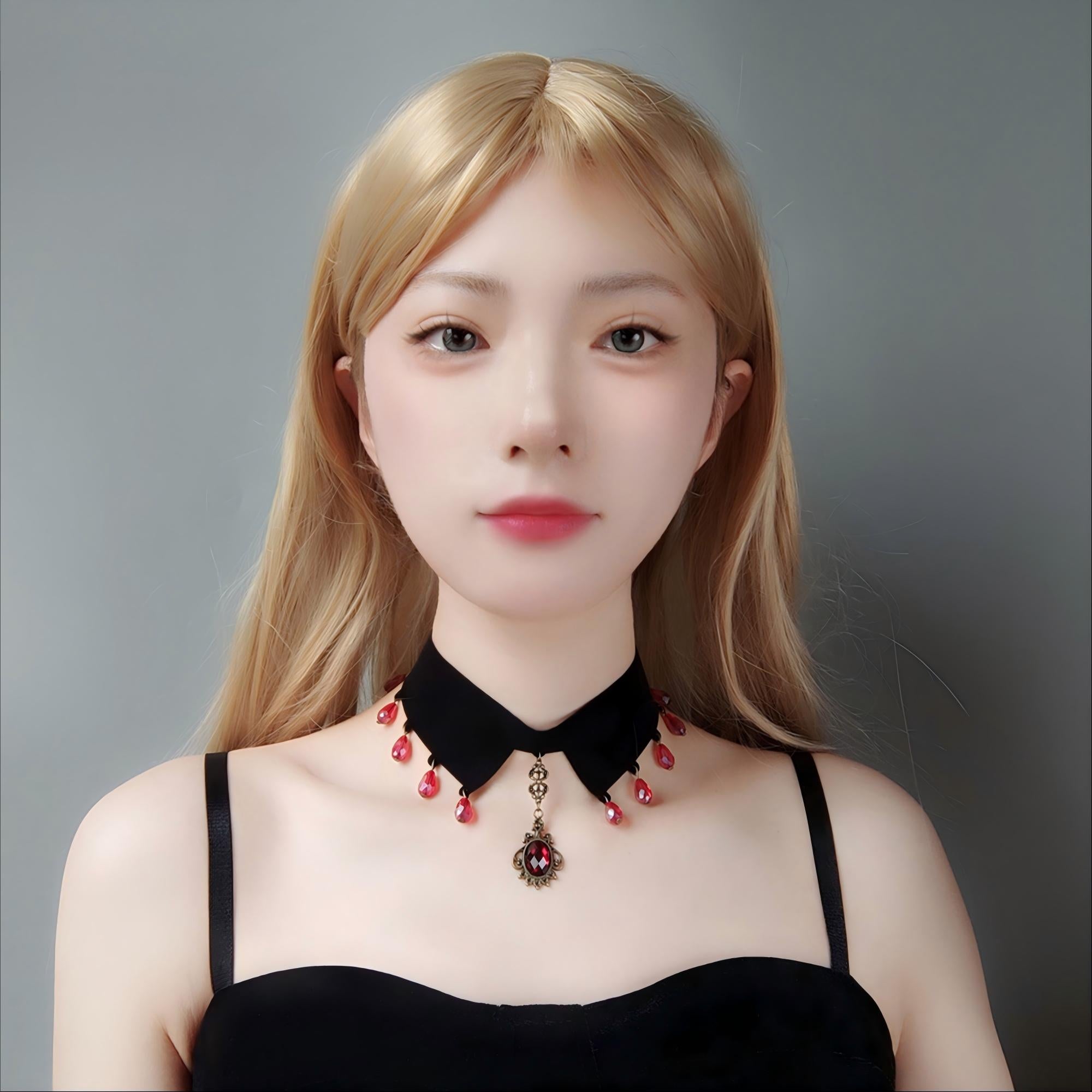 Gothic Vampire Black Velvet V-Collar Choker Necklace | Full Red Crystal Teardrop Fringe Antique Cameo Pendant Ribbon Tie Dark Jewelry