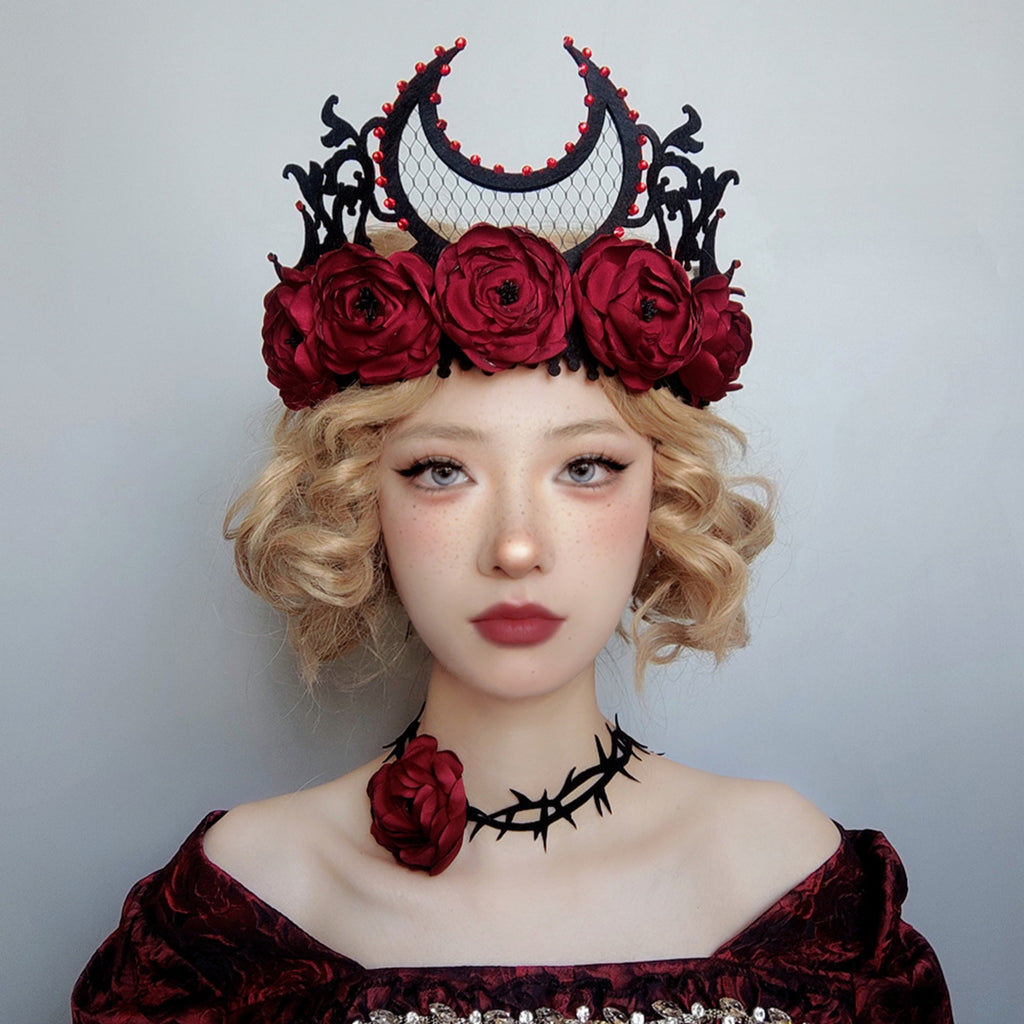 Gothic Dark Red Rose Thorn Choker Necklace | Black Thorns Vine Dark Romance Halloween Vampire Jewelry