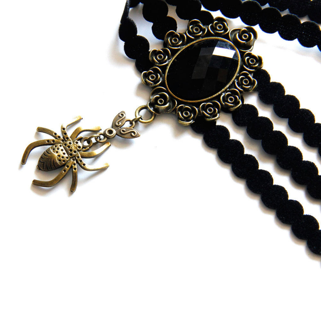 Halloween Black Triple Bead Row Choker Necklace | Antique Bronze Spider Pendant Black Oval Gemstone Ribbon Tie Dark Witch Costume Jewelry