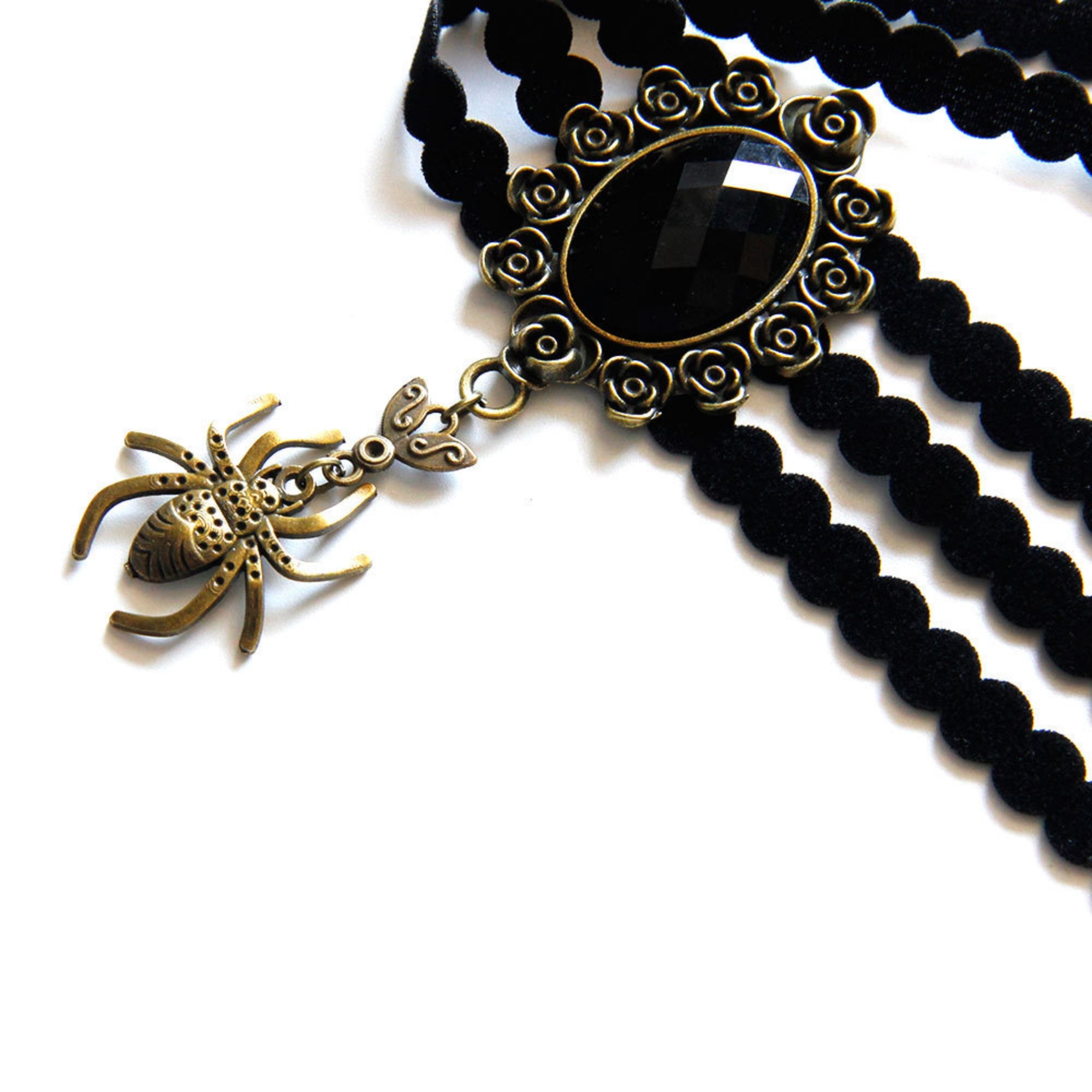 Halloween Black Triple Bead Row Choker Necklace | Antique Bronze Spider Pendant Black Oval Gemstone Ribbon Tie Dark Witch Costume Jewelry