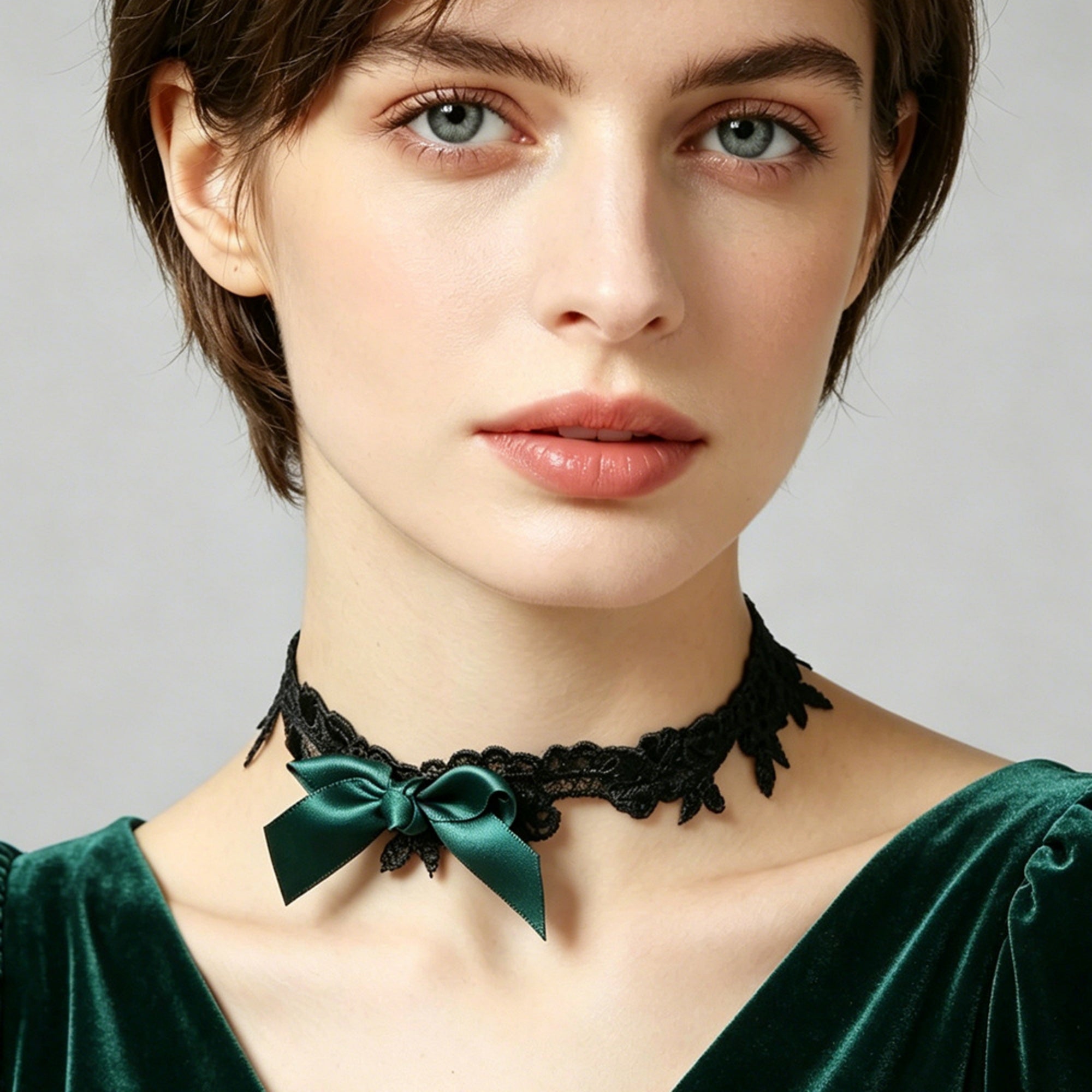Black Lace Bow Choker Necklace | Dark Green Satin Ribbon Bow Gothic Lolita Dark Romance Halloween Jewelry